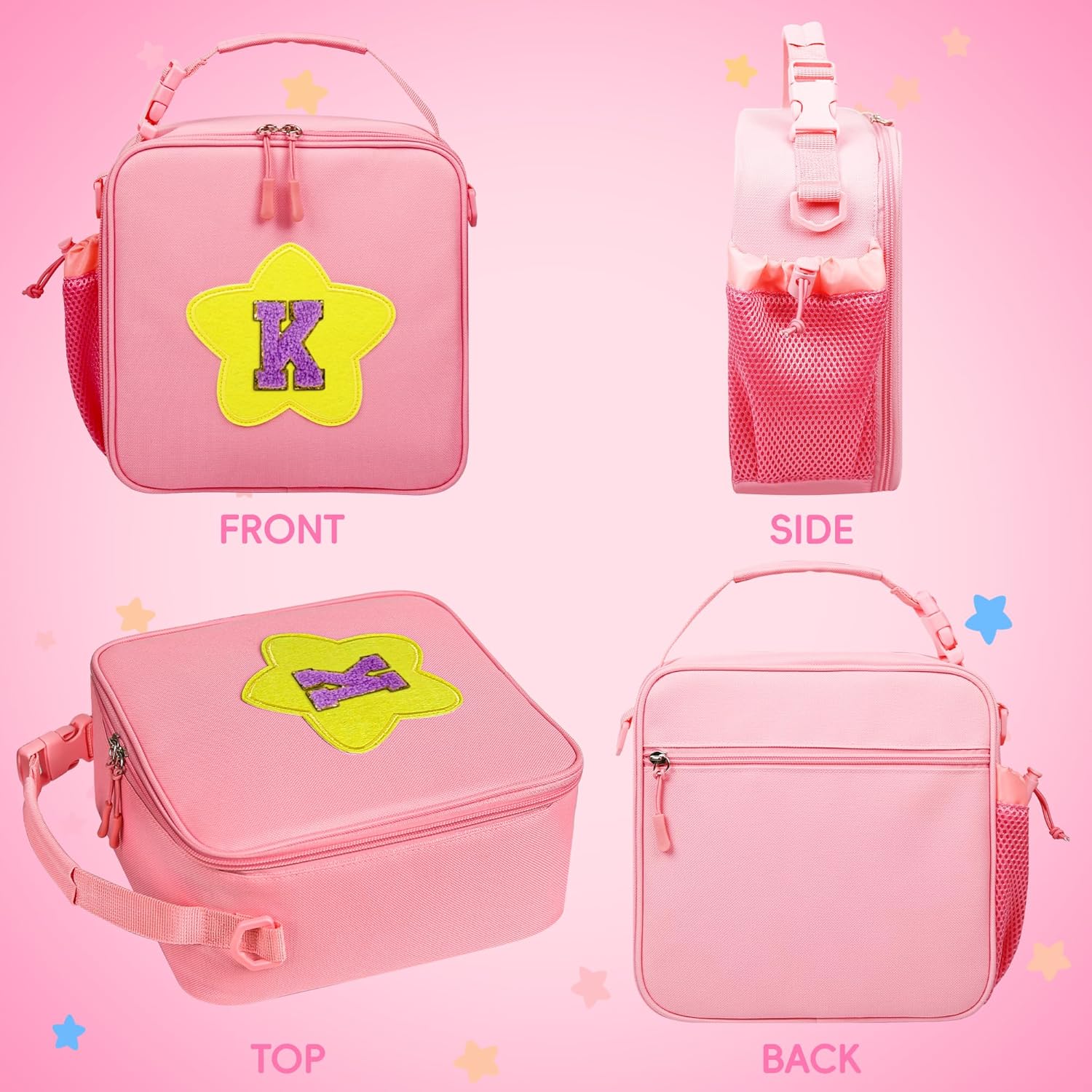 Initial Lunch Box for Women Kids Girls,Cute Pink Insulated Lunch Bag with Chenille Letter, Reusable Square Bento Lunch Box for School Office Picnic,Kids Lunch Bag for Teen Girls (Pink, K) - Image 3
