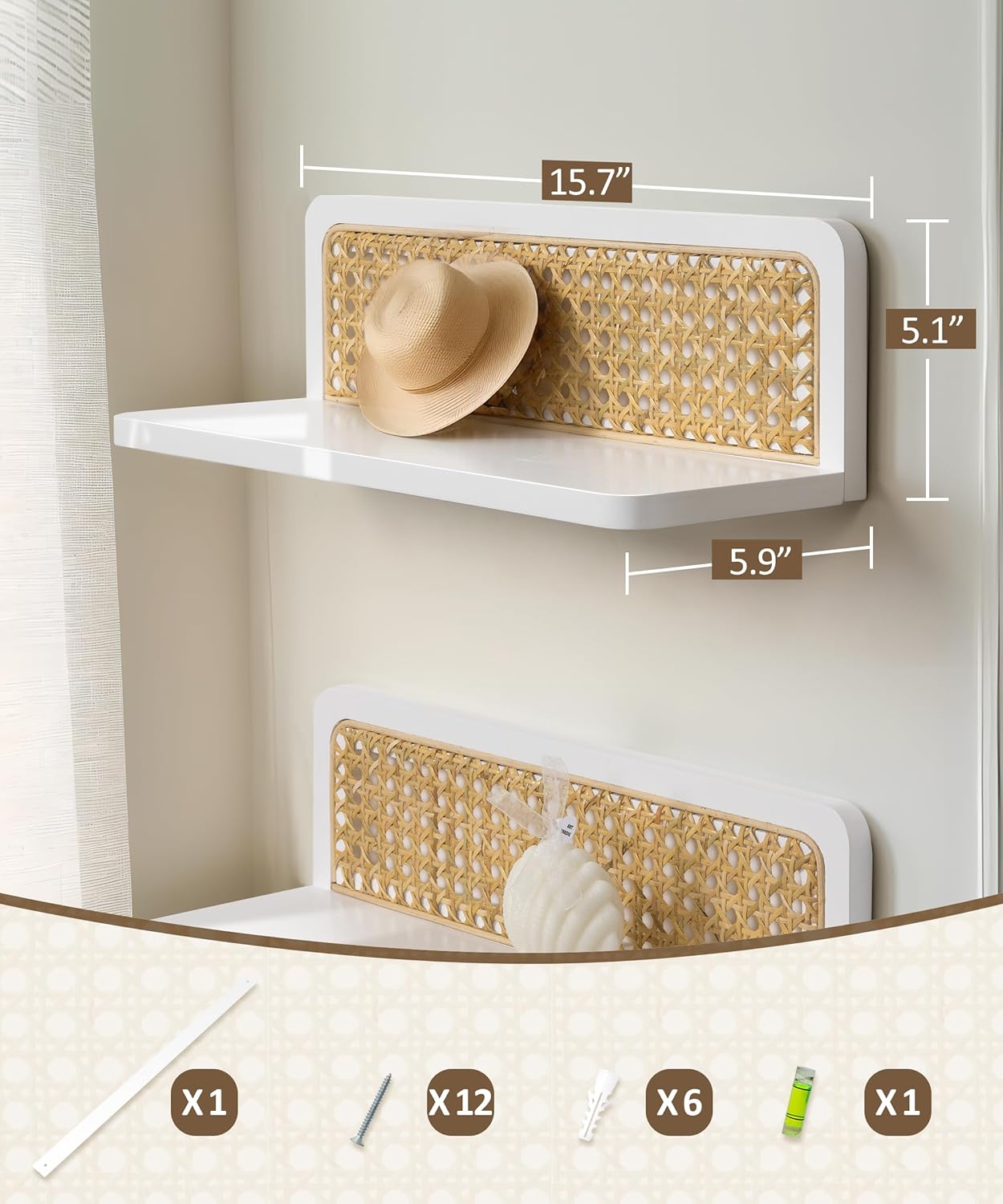 Rattan Floating Shelves, Boho Cane Webbing Wall Shelves Farmhouse Display Storage Organizer White Bookshelves Wicker Room Decor for Living Room Bedroom Entryway Hallway Bathroom, Set of 2