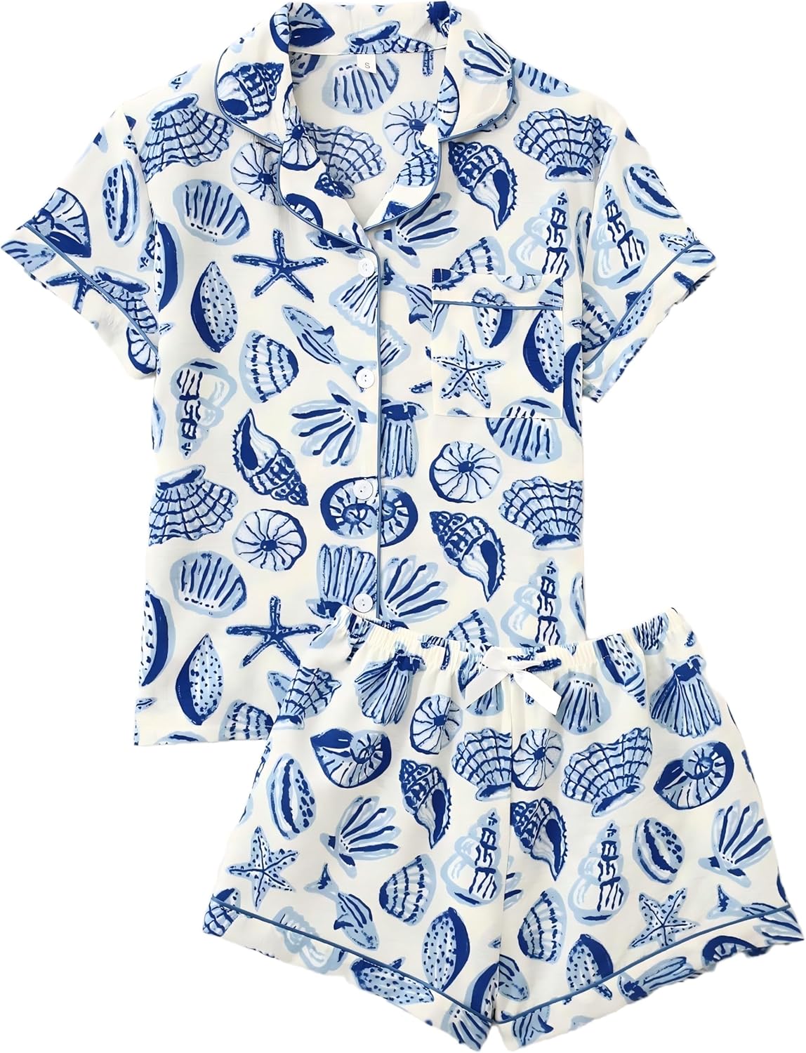 Women's 2 Piece Summer Ocean Print Pajama Sets Starfish Shell Sleepwear Short Sleeve Nightwear Soft Lounge Sets