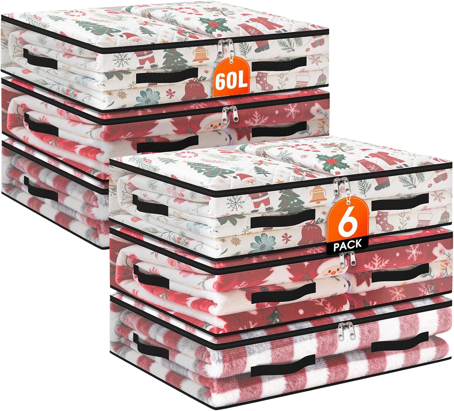 6 Pack Under Bed Storage Bags, 60L Foldable Clear Containers with Handles and Dual Zippers for Bedding and Clothes