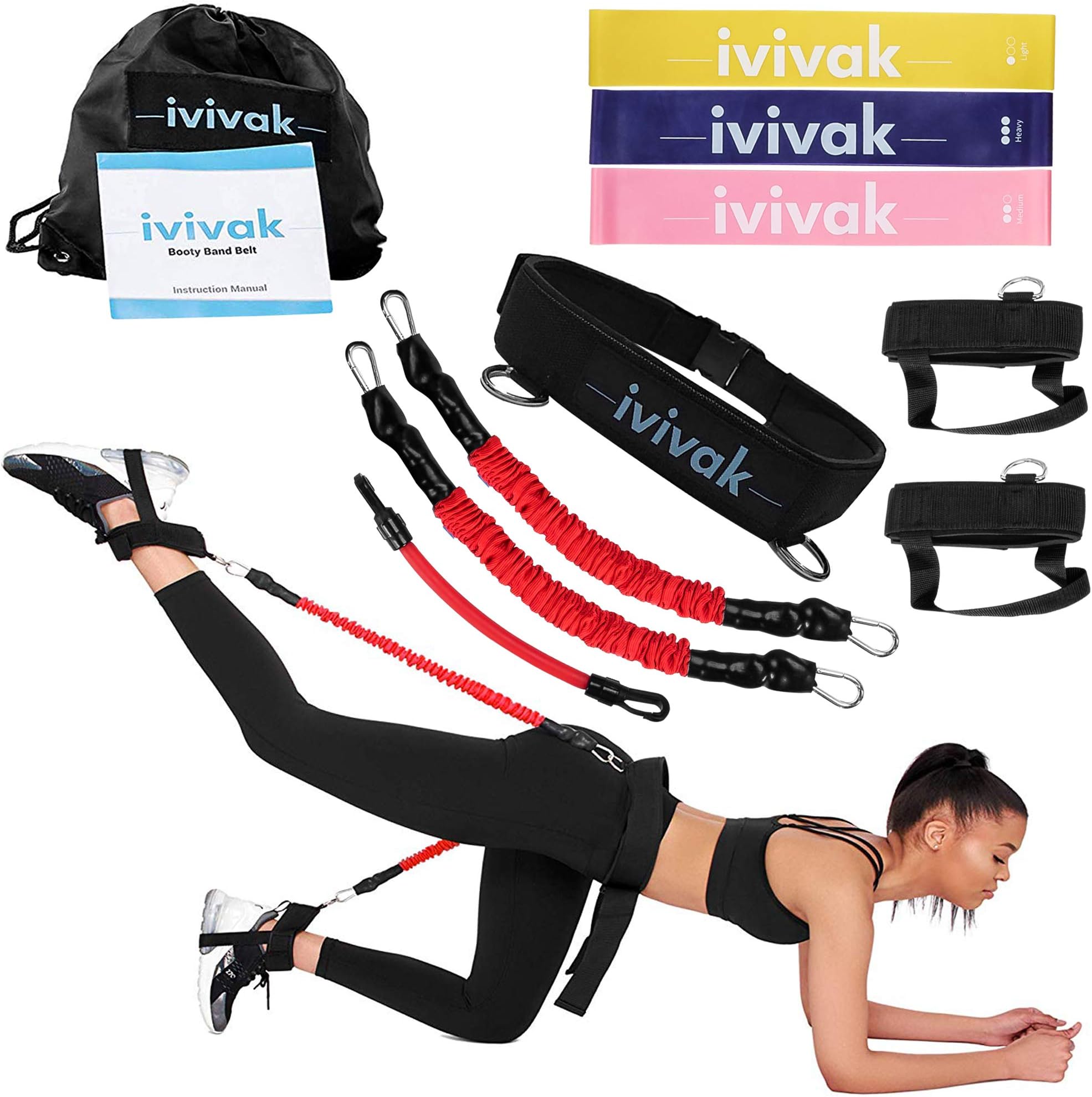 ivivak Resistance Booty Belt with Workout Resistance Band, Program to Target Booty Workout and Lift, Sculpt & Tone- Brazilian Butt Lift Booty Building Band ! Includes Workout Book & Gym Bag