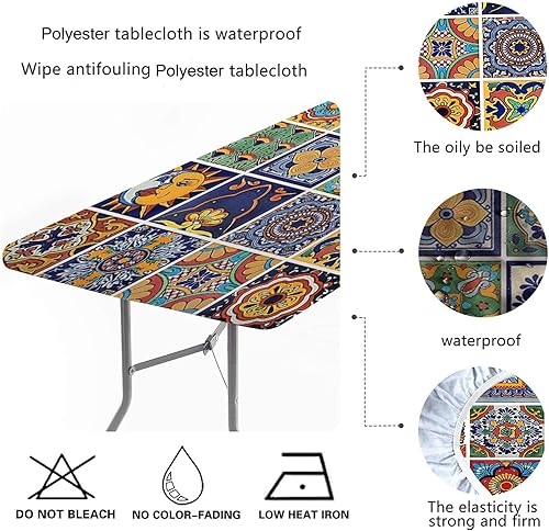 Miniatura 3 de SongYi Mantel rectangular bohemio ajustable de 4 pies (24 x 48 pulgadas), borde elástico, mantel de poliéster con estampado floral mediterráneo de