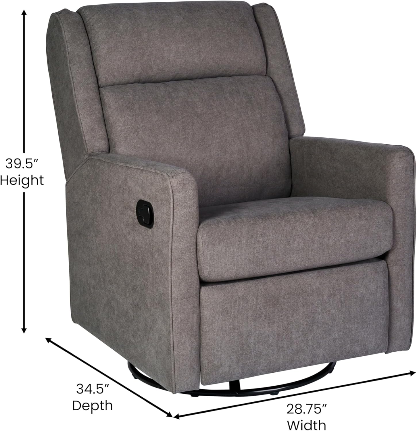 Merrick Lane Dara Manual Swivel Glider Rocking Recliner, 3 Position Recline, 360 Degree Swivel, 20 Inch Round Base, Dark Gray