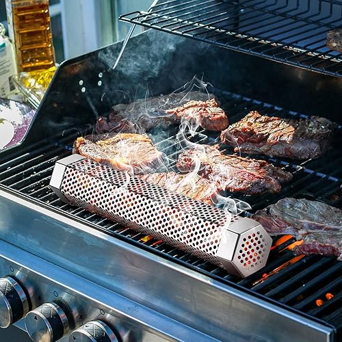 Miniatura 6 de 4 tubos de ahumador de pellets de acero inoxidable de 12 pulgadas, tubo de pellets de madera para ahumar con cepillo de limpieza y 8 ganchos en