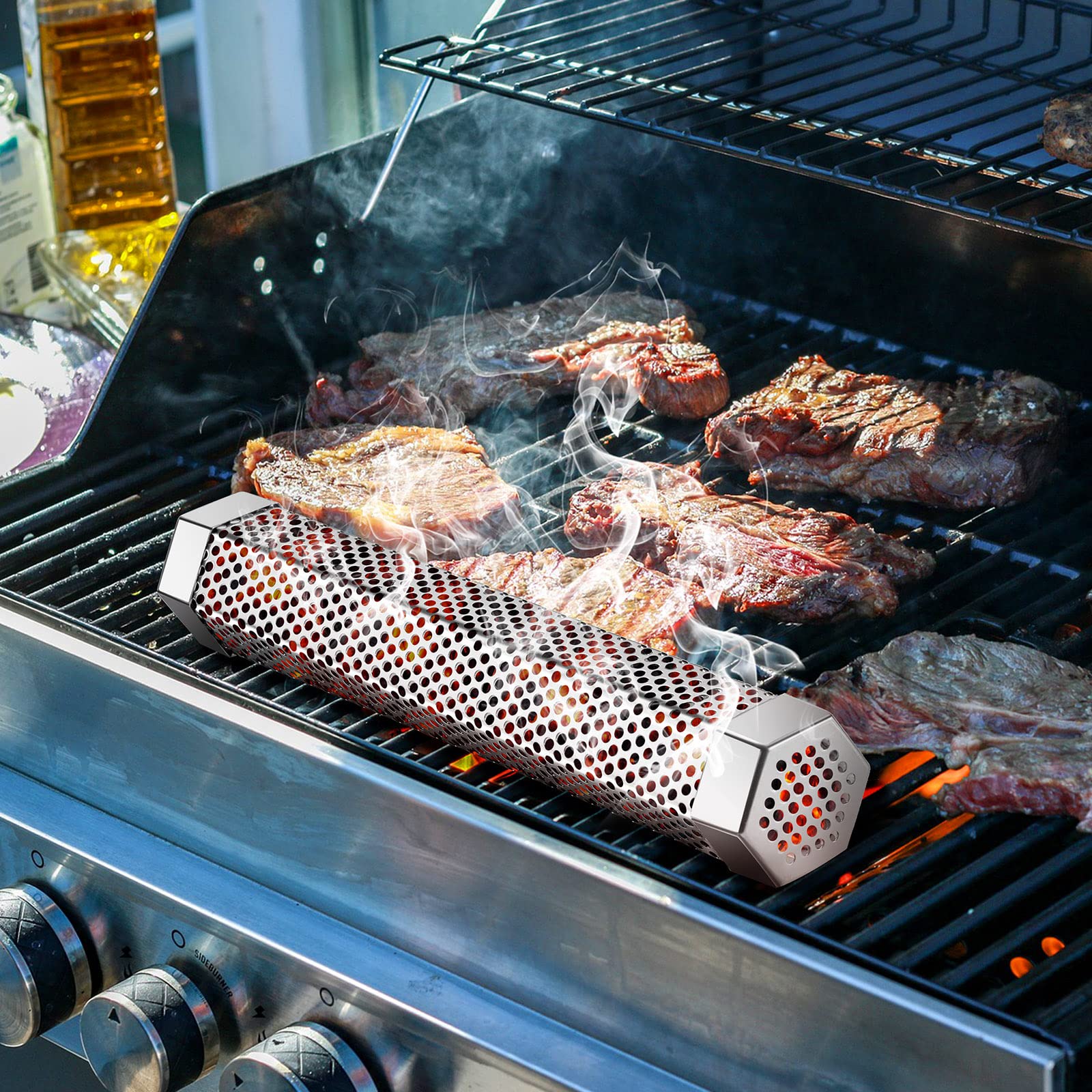 4x Pellet Smoker Tube 30,5 Cm Edelstahl – Mit Reinigungsbürste & 8 Haken Für Grill-Räuchern (Kalt-/Heißräuchern)