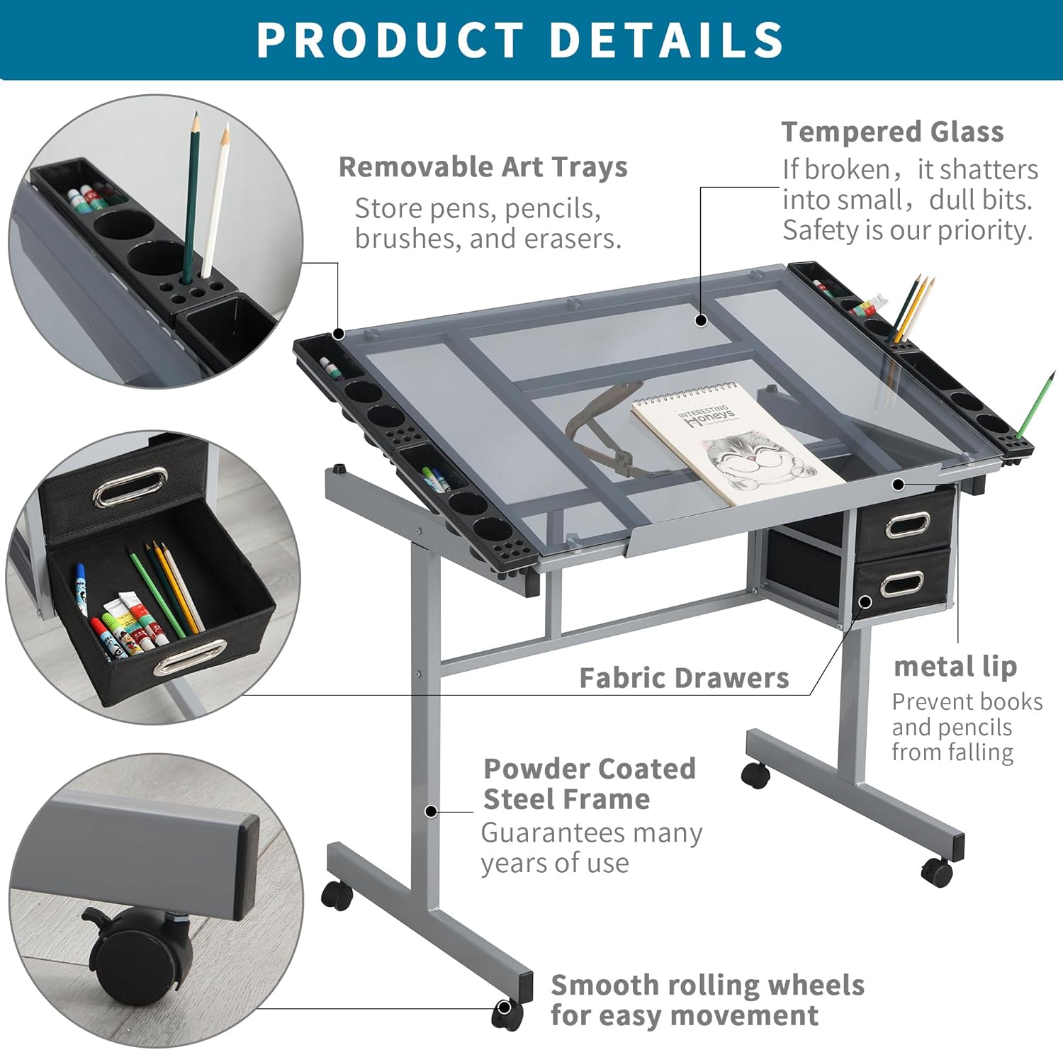 Adjustable Art Drawing Desk Craft Station Drafting with 2 Fabric Drawers and 4 Wheels