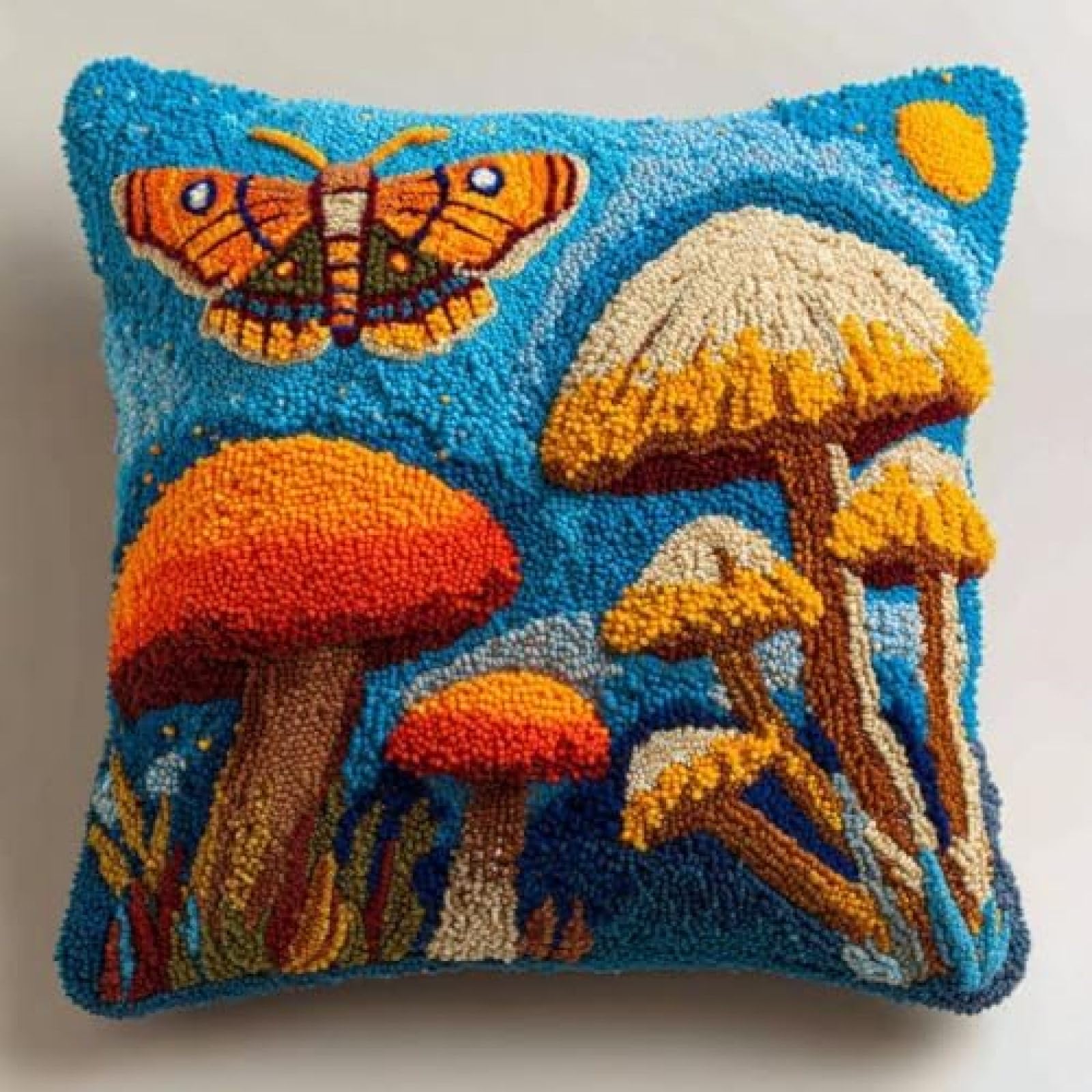 kitphoenix DIY Latch Hook Cushion Kit Moth Blue Moon and Mushrooms,Beginner-Friendly Rug Hooking Pillow Kit,Crochet Craft Cushion Cover for Home Decor,43x43 cm-2