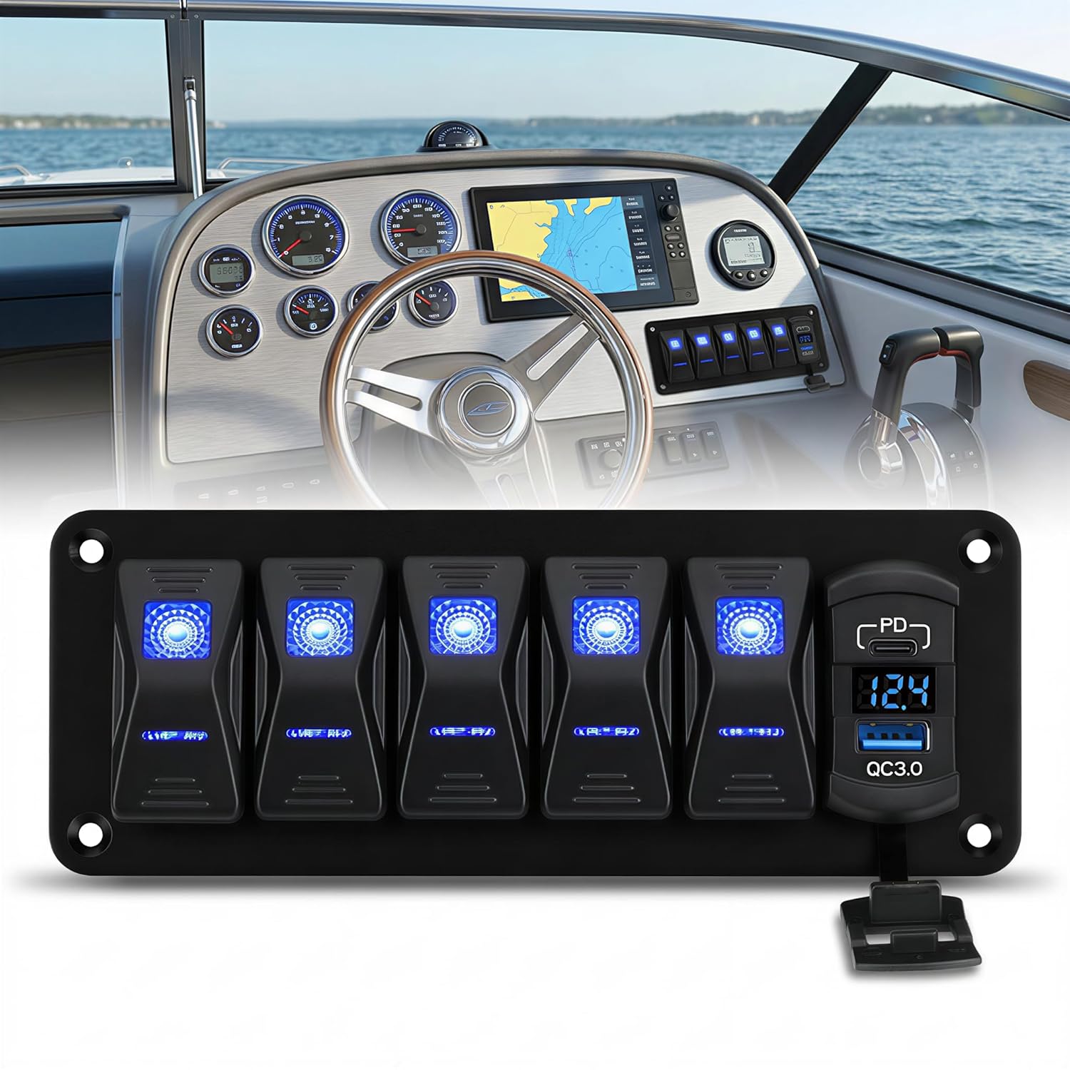 5 Gang Aluminum Rocker Switch Panel, IP68 Waterproof SPST ON/Off Charger Socket with 12-24V Blue LED Voltmeter,PD Type C and QC3.0 USB Fast Charging with DIY Stickers for Boat Car RV Truck