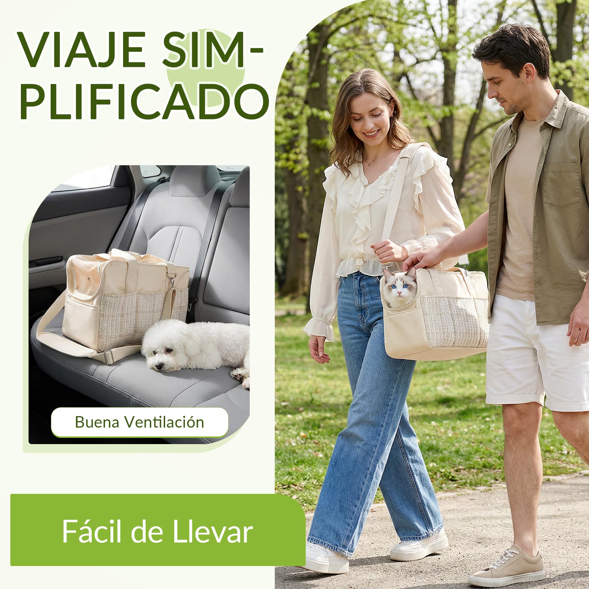 ALLSOPETS Transportín para Perro Pequeño y Gato, Bolso para Mascotas Plegable con Bolsillos, Correa de Seguridad y Cojín Extraíble, Ideal para Viajar Camping Paseo (Beige Elegante)