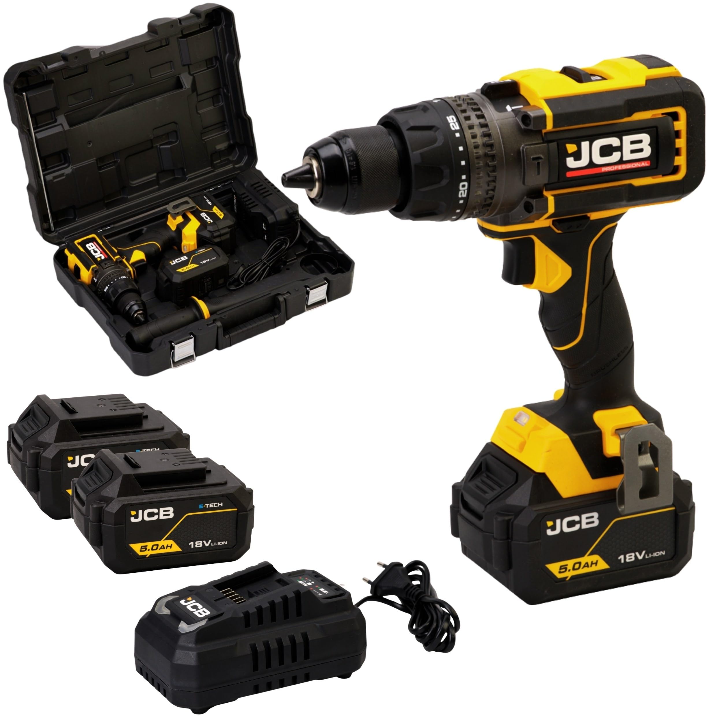 JCB Pro 18V 160Nm Brushless Cordless Combi Drill Yellow, 2 x 5.0Ah Batteries & Fast Charger, Anti-Kickback, High Torque for Wood, Metal & Masonry, 3 Year Warranty
