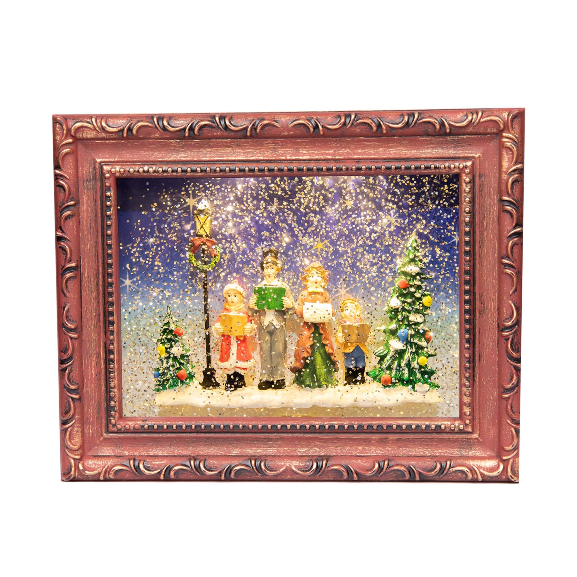 Shatchi Brown Led Carol Singers Choir Scene Picture Frame Snow Globe Battery Usb Operated Light Up Musical Water Spinner Xmas Tabletop Mantel Wall Decoration Novelty Holiday Ornament