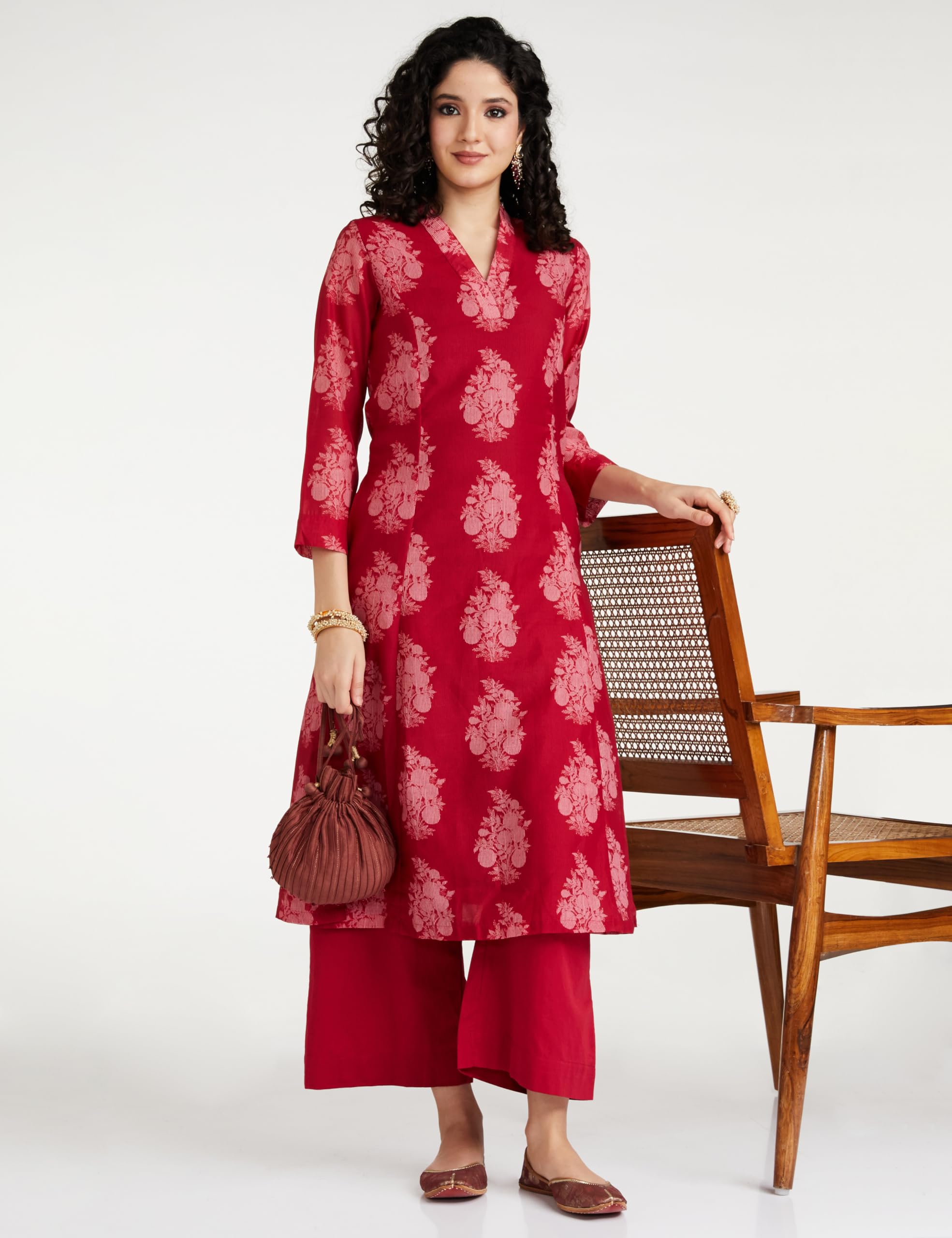 BIBA Women's Printed Straight Fit Salwar Kurta Dupatta(Skdmidnight6852_Cinon Pink_32) - Synthetic