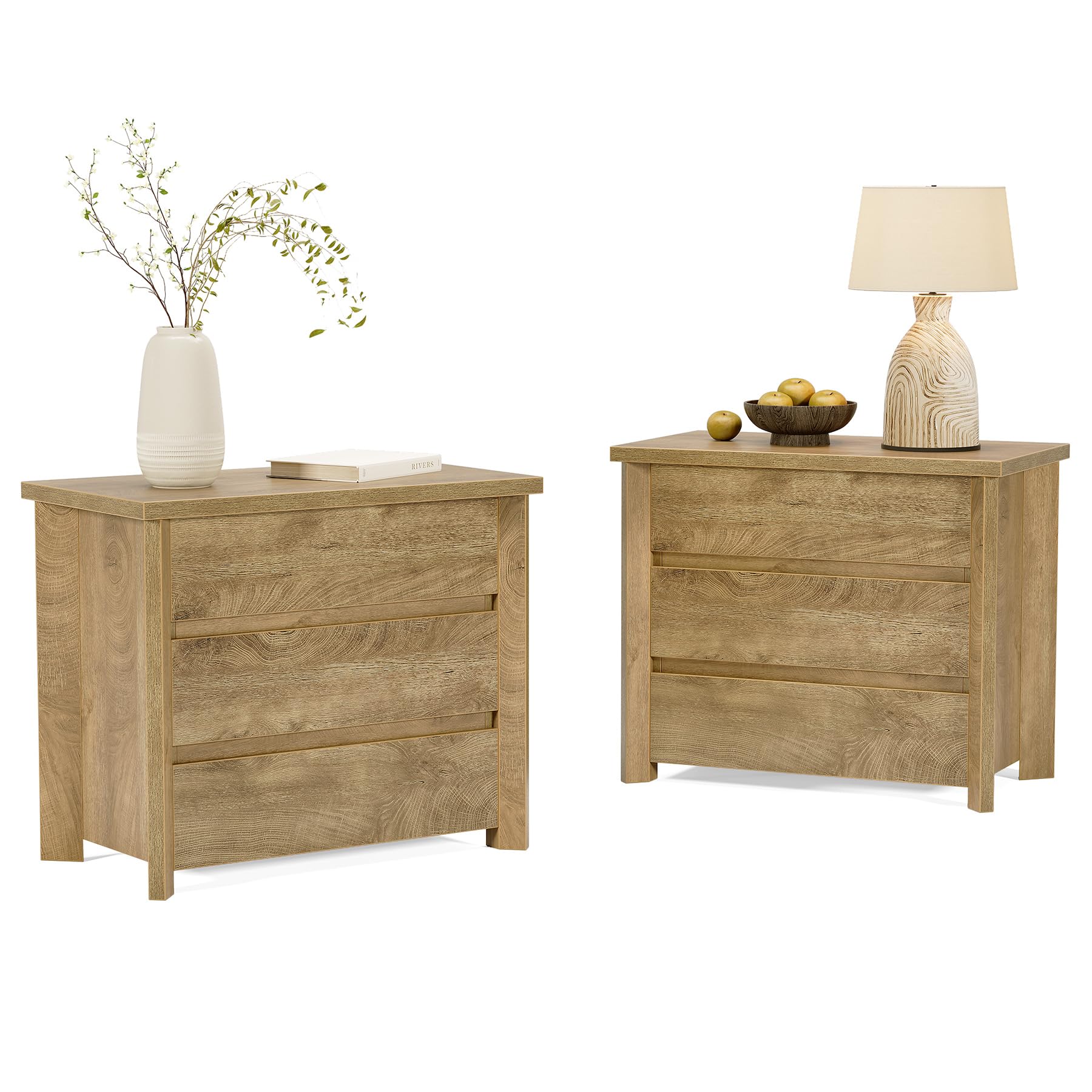 LITTLE TREE 3-Drawer Nightstand Set of 2, Wooden Farmhouse Bedside Table for Bedroom, Large Wide Nightstand with Drawers, Oak