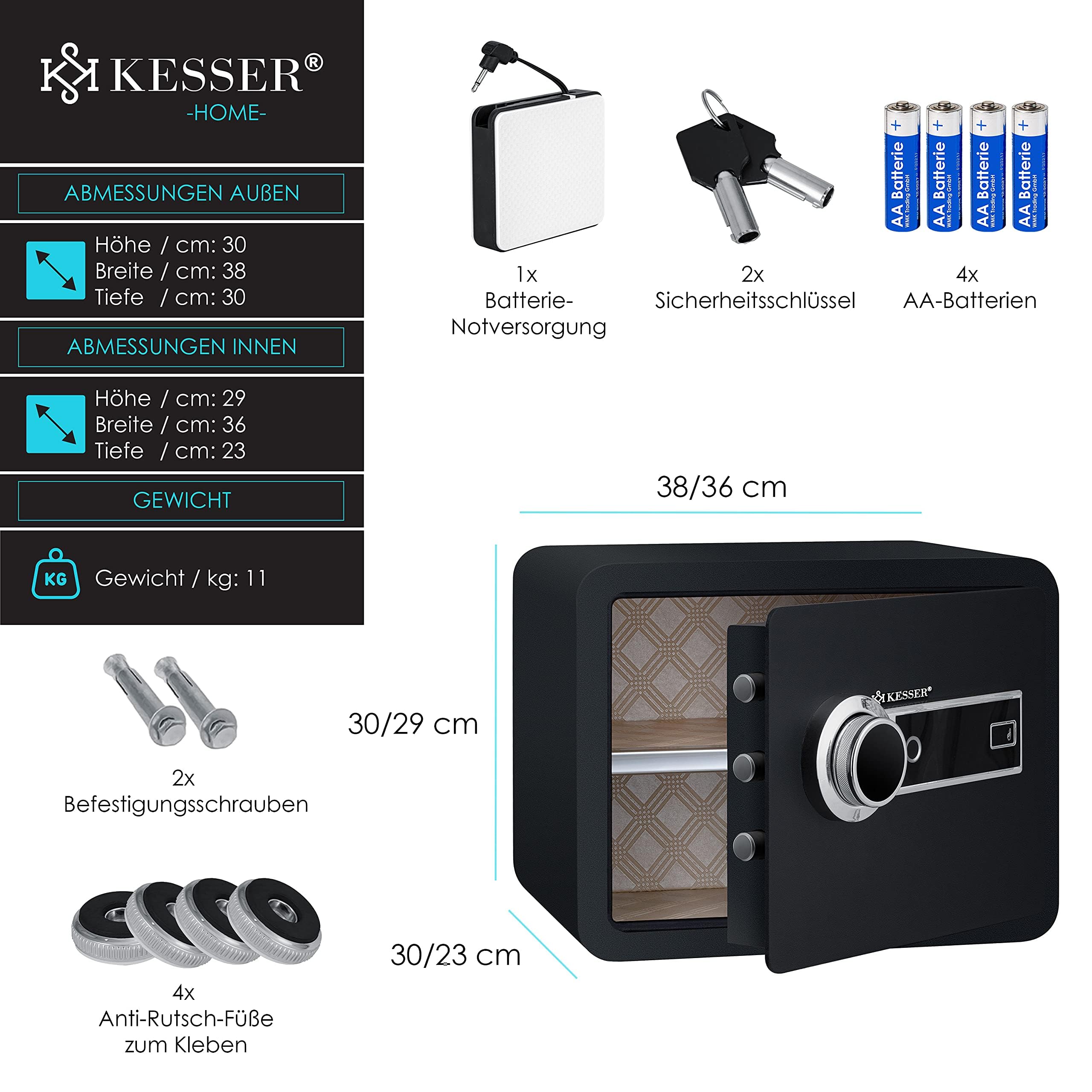 KESSER® Coffre-fort électrique avec empreinte digitale | 38x30x30cm | Boîte à piles incluse | Coffre-fort électronique 3x double verrouillage à boulons - Noir - L