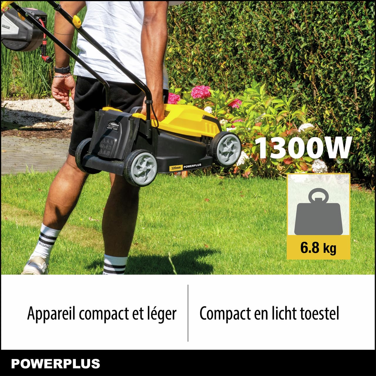 Powerplus Cortacésped Eléctrico POWEG62205 - Cortacésped con Ø 320 mm y 1300W - Cortador de Césped con Función de Expulsión Trasera