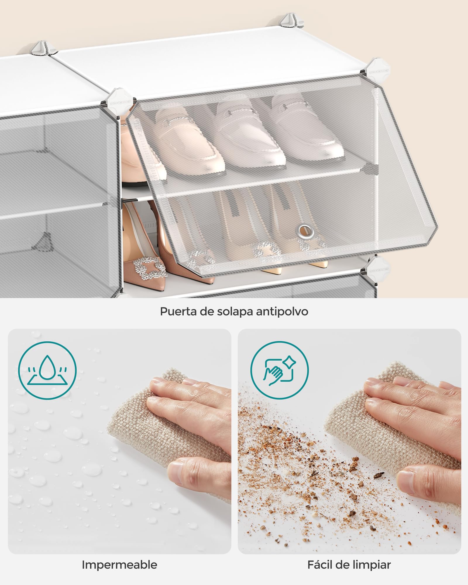 SONGMICS Mueble Zapatero Plástico, 12 Compartimentos para 48 Pares de Zapatos, con Puertas, Estructura de Acero y Estantes de Plástico, Armario para Dormitorio, Blanco Nube y Transparente LPC040W01