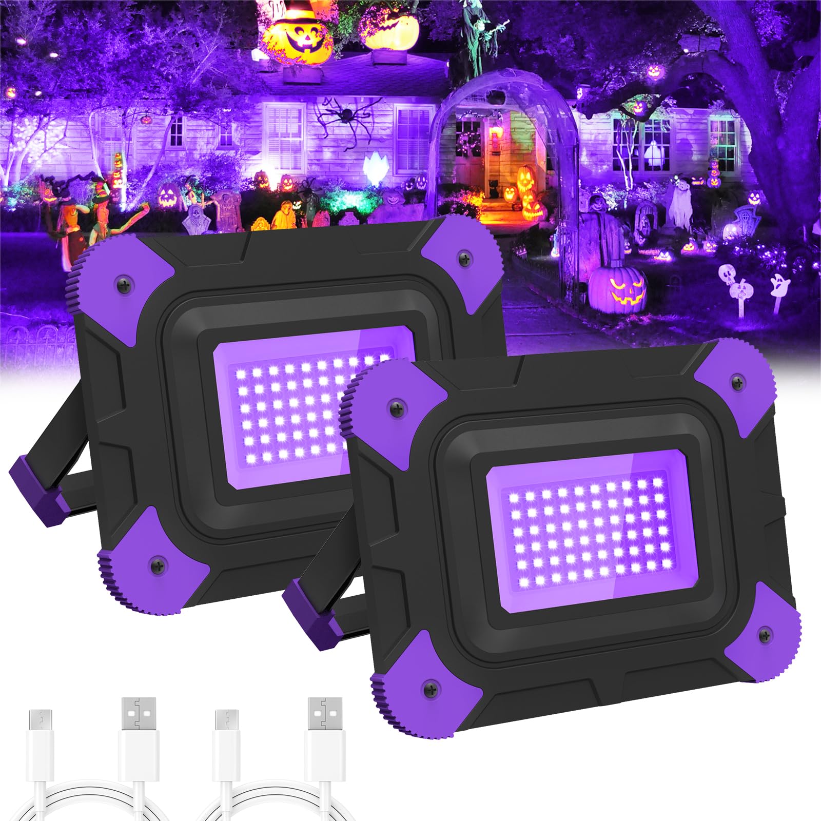 T-SUN 2 Packs UV Light, 60 LED Black Light Fixture, 400-405 nm Wavelength 2 Modes 6000mAh Blacklight for Halloween Decorations Outdoor Glow Party Body Paint Night FishingGlobal Recycled StandardGlobal Recycled StandardGlobal Recycled Standard