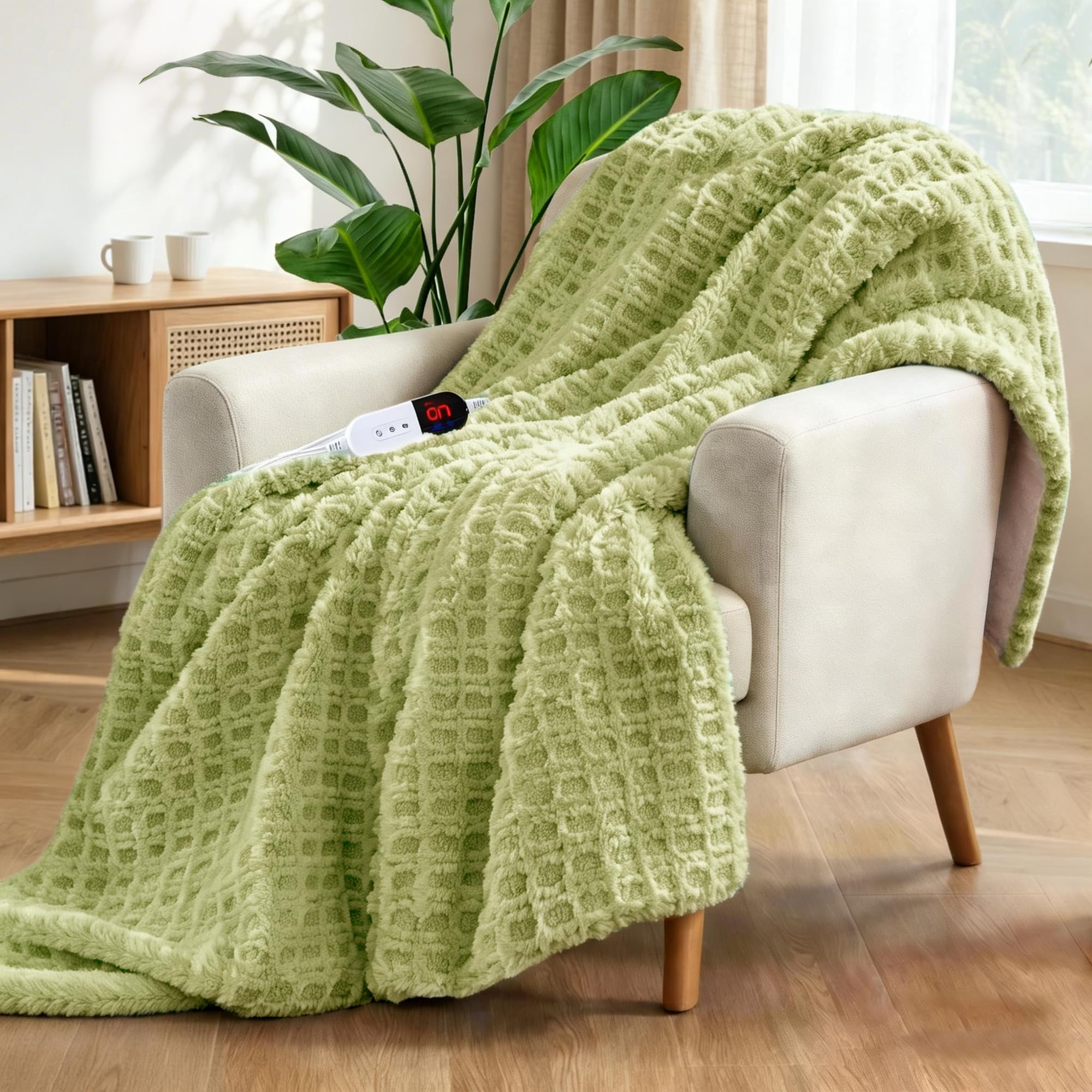 Photo 1 of PTQ Waffle Electric Heated Throw Blanket – 6 Heat Levels & 4 Timer Settings, ETL Certified, Overheat Protection, Ultra-Soft Faux Fur & Sherpa, Machine Washable, Ideal Gift (50x60, Green)