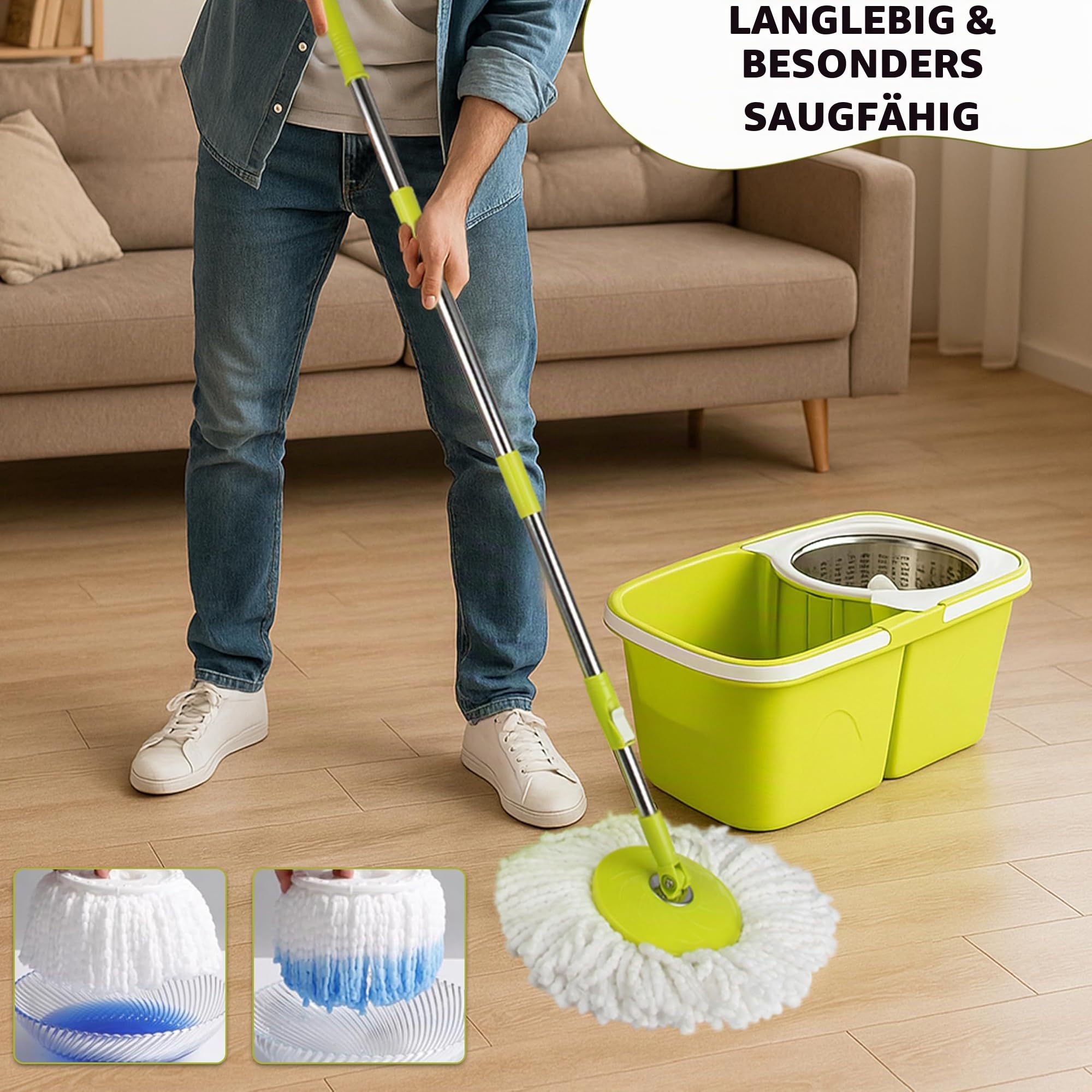 ARSUK Mopp- und Eimer-Sets – 2 Separate stapelbare Eimer mit 2 Mikrofaser-Moppköpfen und 360° drehbarem, höhenverstellbarem Teleskopstiel