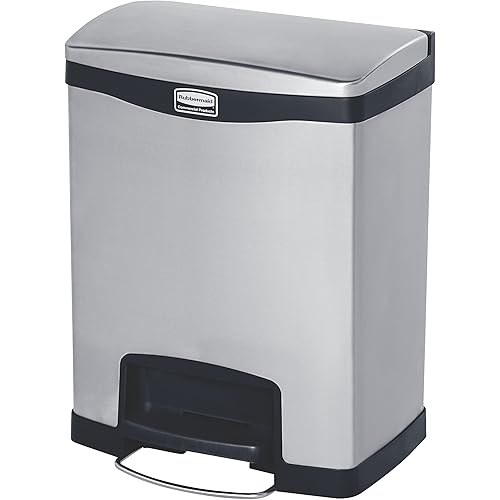 Rubbermaid Commercial Products Impressions Metal Step On Trash Can, Front Step, 8 GAL, Stainless Steel Black, Indoor for Hospitals/Office Spaces/Restaurants