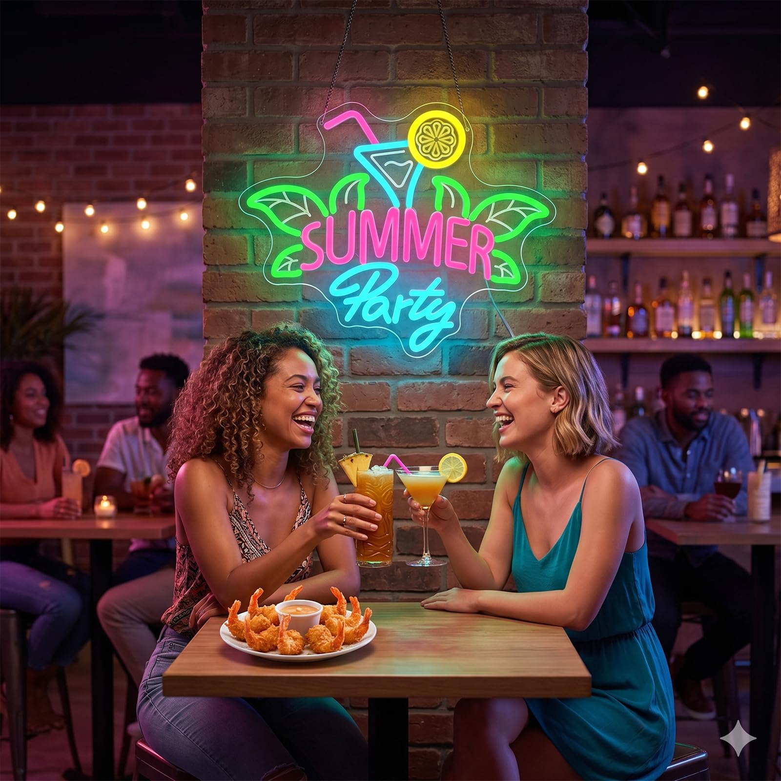 Sommerparty Neon Schild für Wanddeko, Martiniglas mit Strohhalm, Zitronenscheibe und Tropische Blätter LED Leuchtreklame für Cocktailbars,Poolpartys, Sommerfeste, Strandurlaube(Sommerparty)