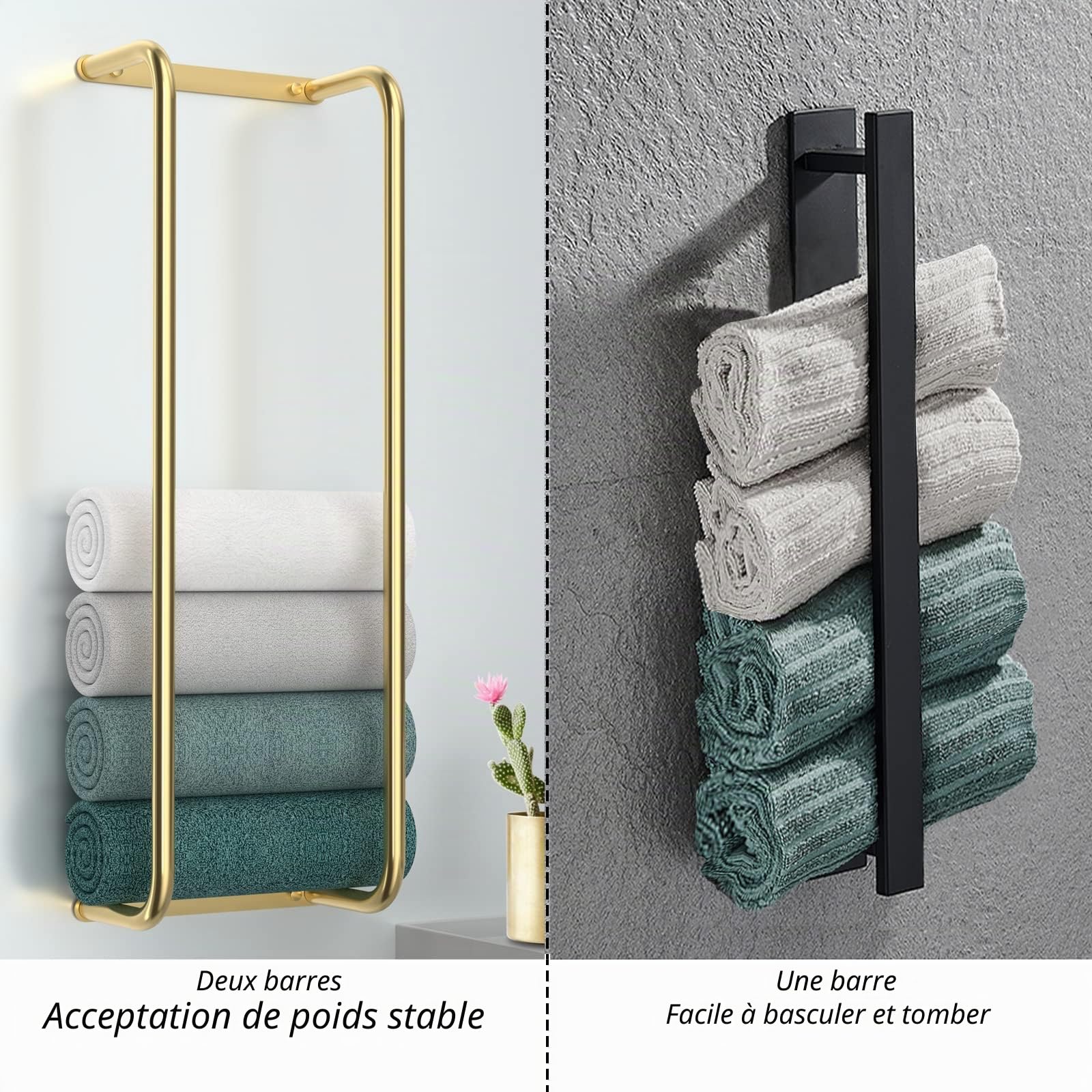 Porte-Serviettes Mural pour Salle de Bain, Rangement pour Serviettes de Bain roulées, Organiseur de Salle de Bain – Or brossé