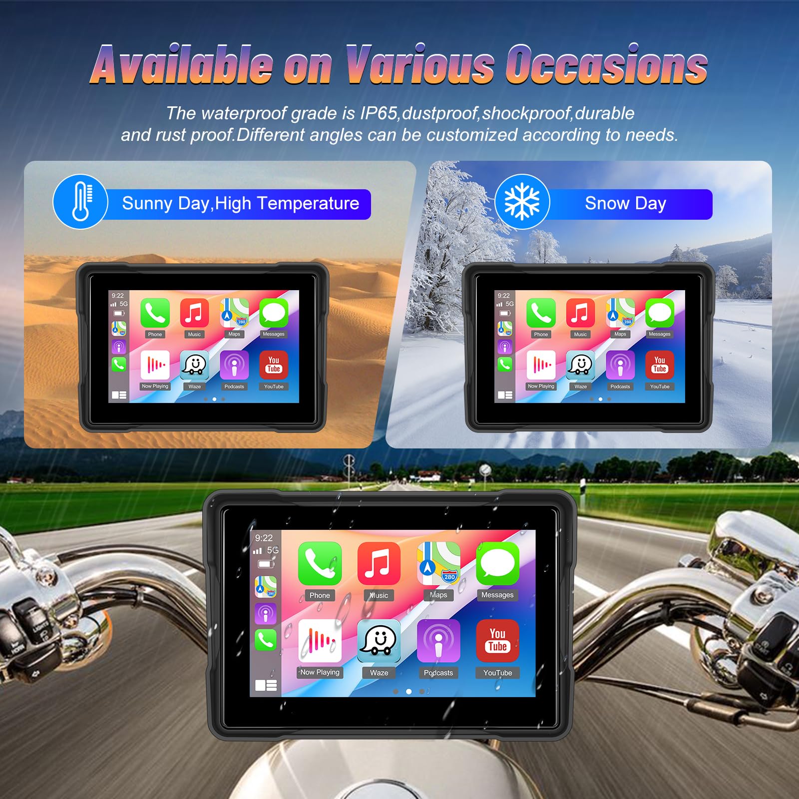 Schermo CarPlay Portatile 5" IP67 Android Auto Touch Screen Impermeabile Doppio Bluetooth GPS