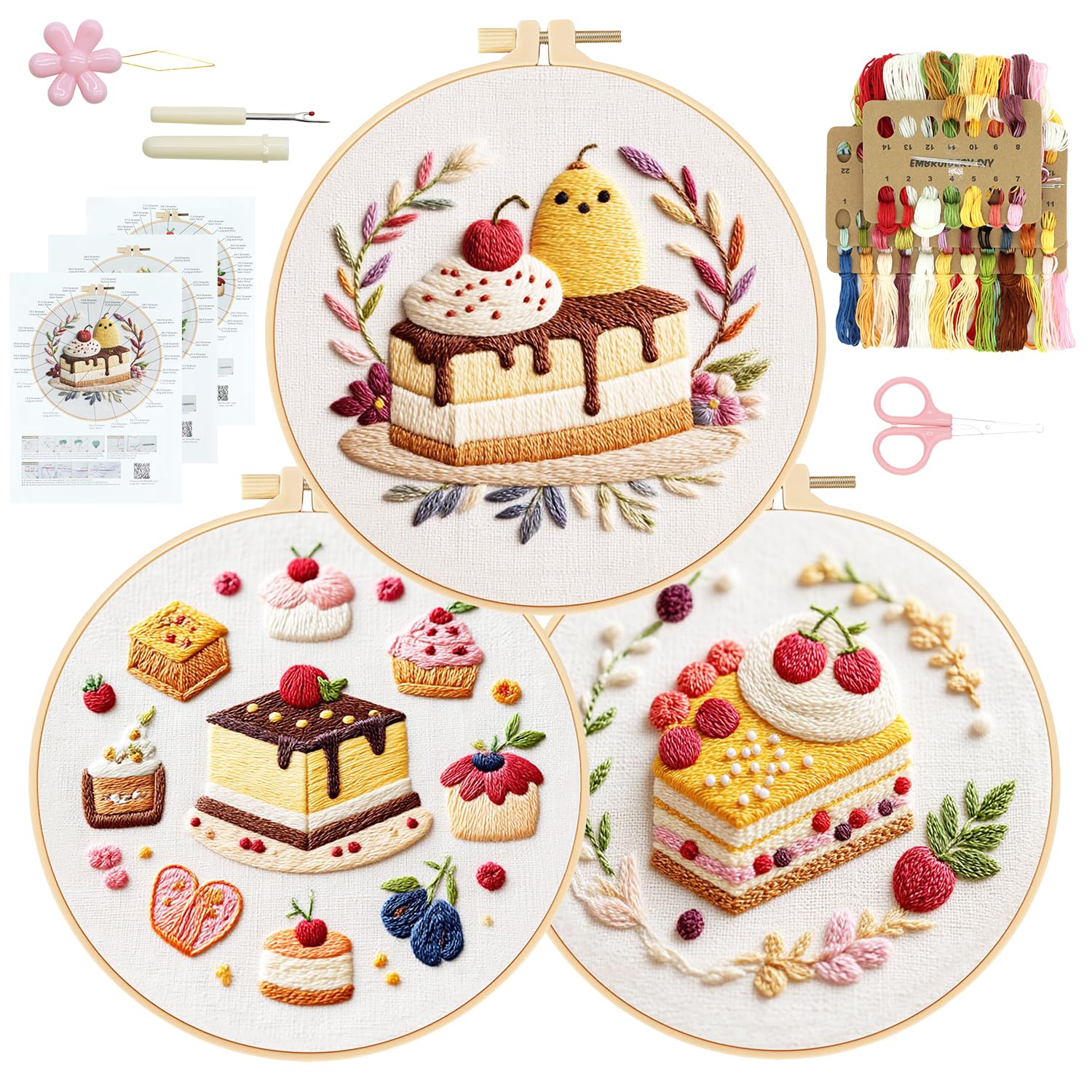 RidaaFri Embroidery Kit for Beginners 3 Pack Cake Fruit Pattern Starter Set
