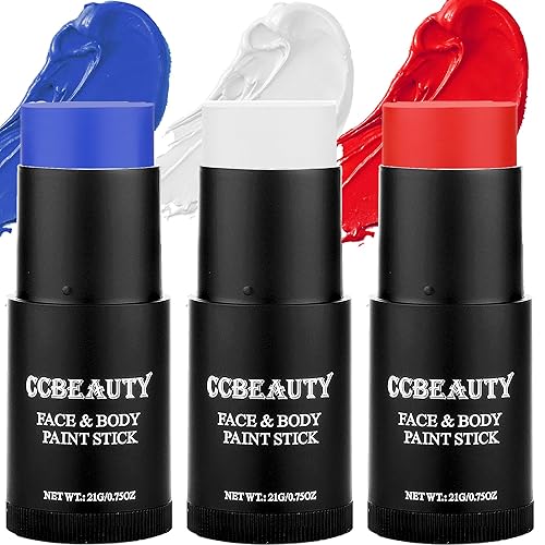 CCbeauty Maquillaje de Halloween para el cuerpo de payaso rojo, blanco y azul, color crema, bandera de Estados Unidos, pintura facial patriótica de