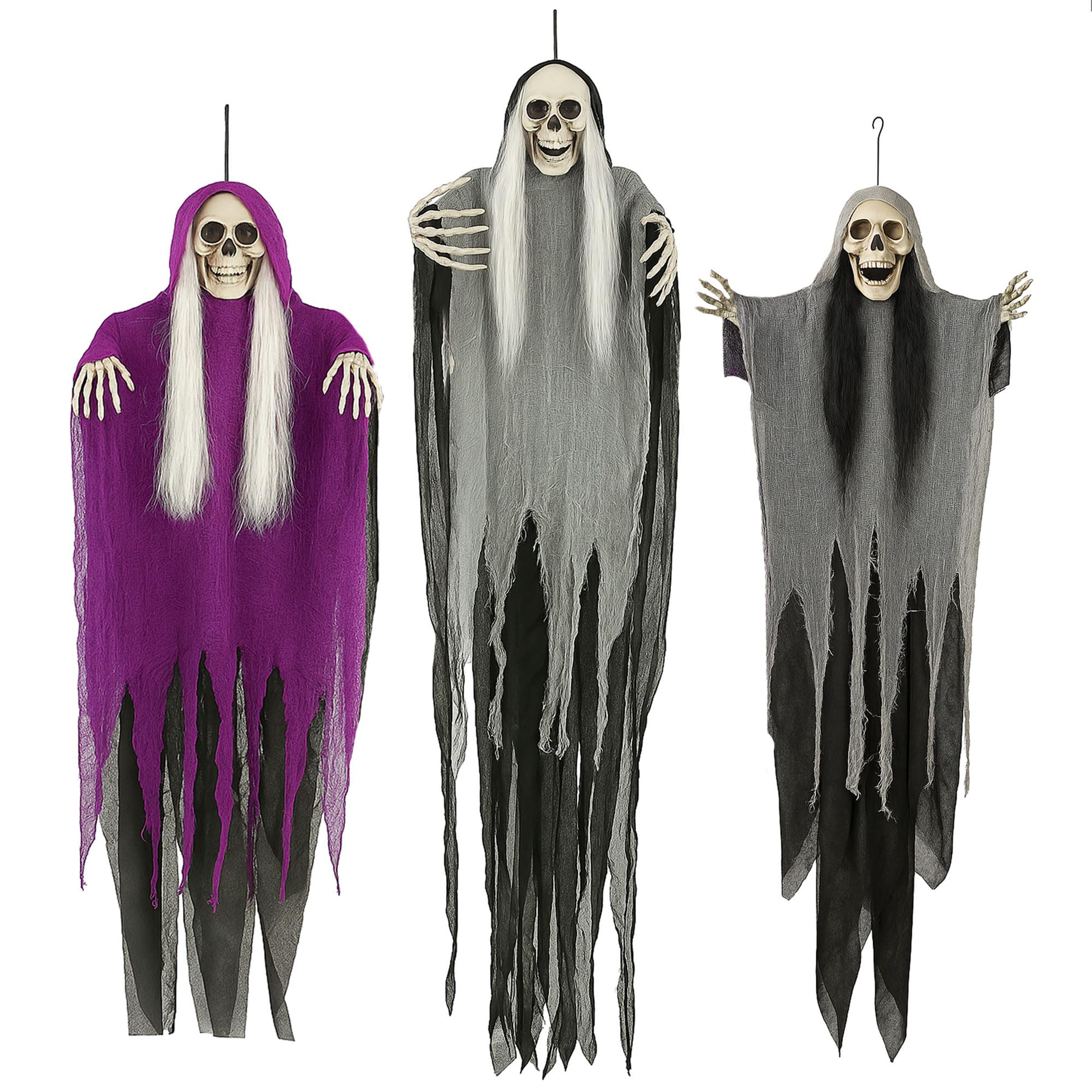 Moonlight Fright Black 3Pc Halloween Skeleton Decorations With Posable Arms - Hanging Skeleton Decoration Skull & Arms For Window Halloween Decor - Flying Ghost Haunted House Decor For Indoor & Outdoor Spooky Garden Props