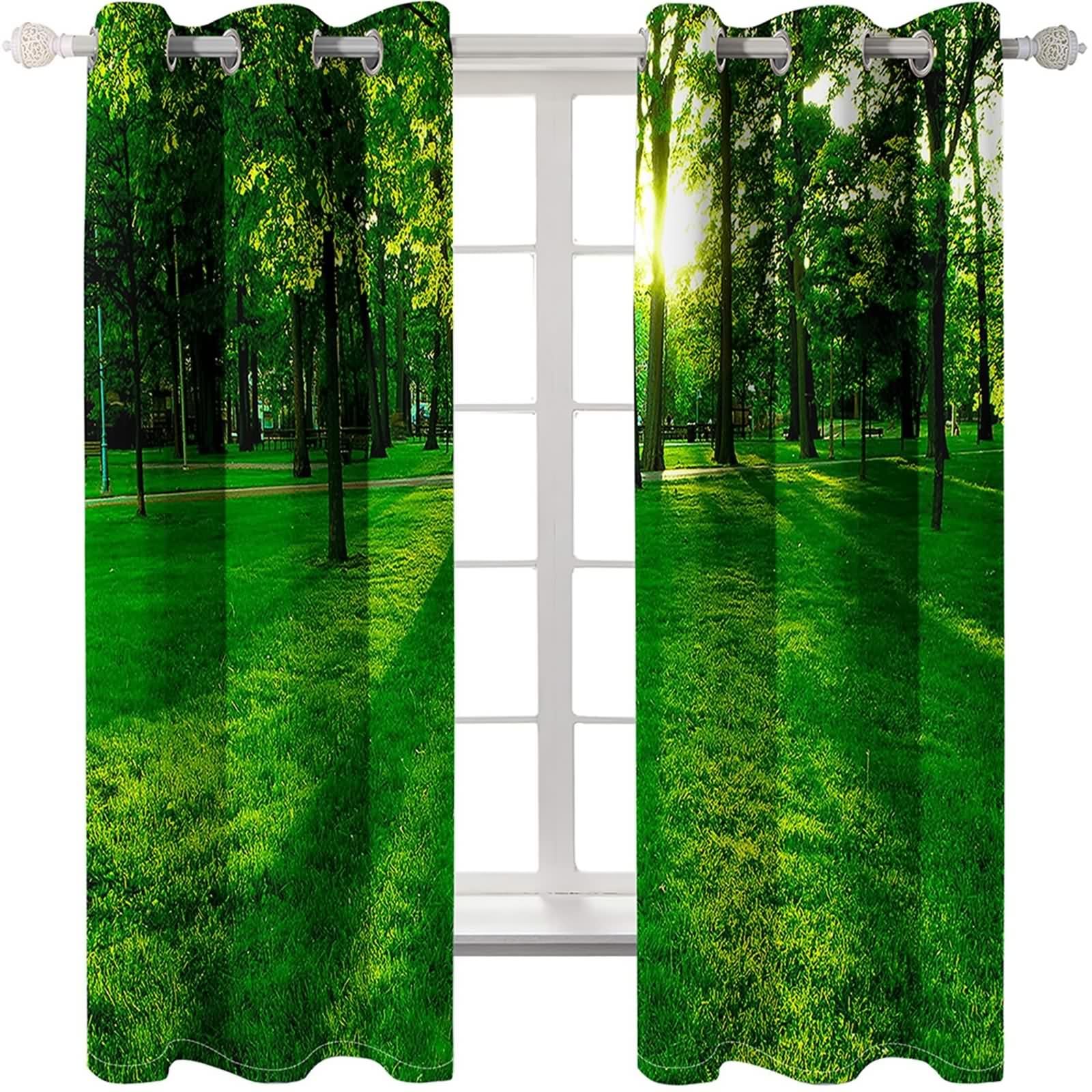 Rideau Vert Anniversaire, Rideau Chambre Adulte Polyester Arbres et Pelouses 152L x 183H CM Lot de 2