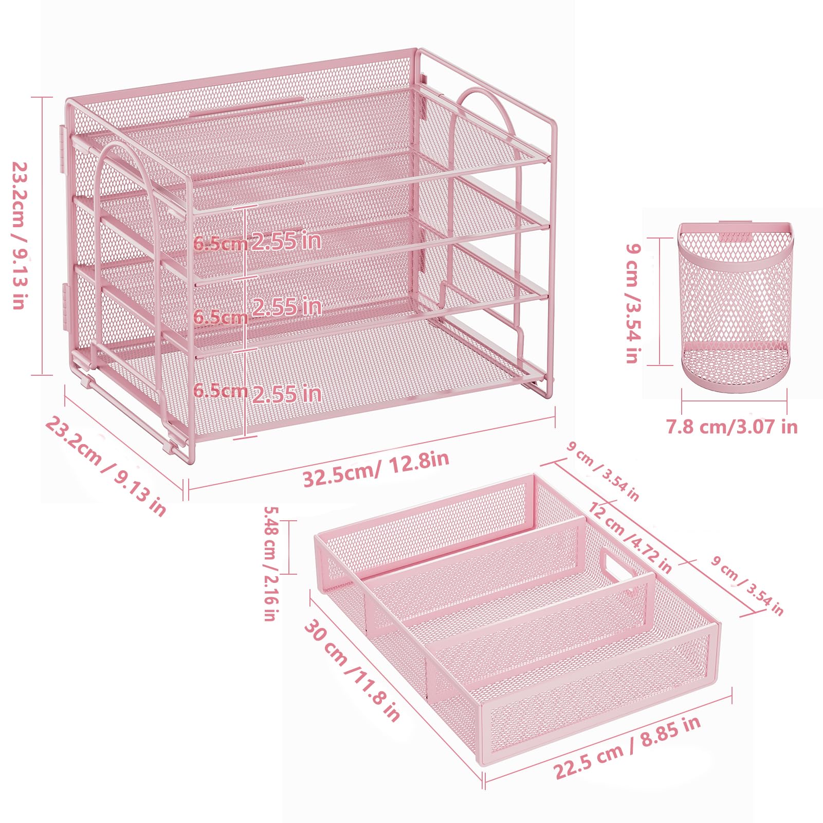 Marbrasse Organizador Escritorio,4-Tire Bandejas Oficina,2 Soportes para Bolígrafos,Bandeja Escritorio Organizador para Hogar Oficina(Rosa)