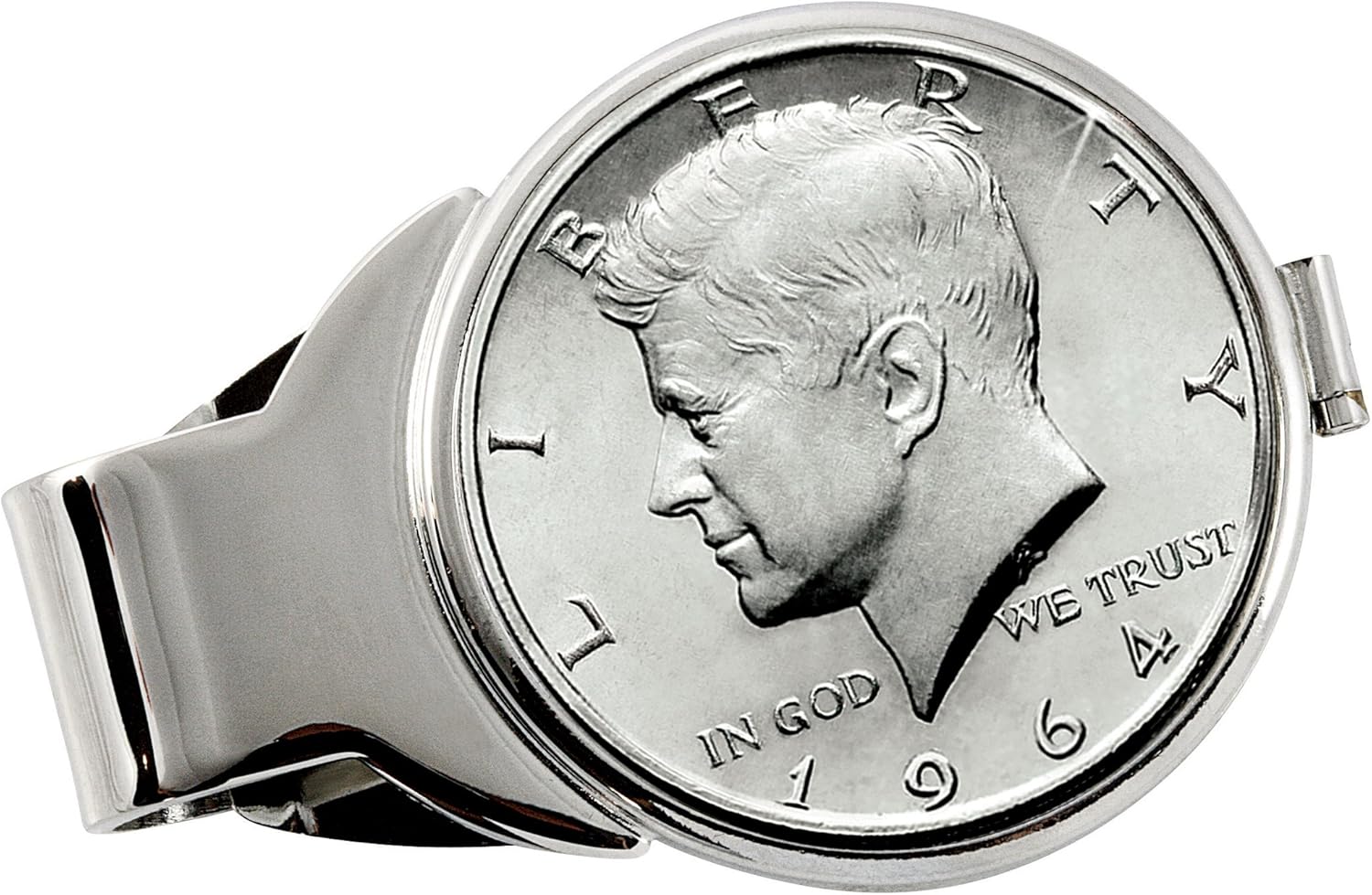 Coin Money Clip - JFK 1964 First Year of Issue Silver Half Dollar | Brass Moneyclip Layered in Silver-Tone Rhodium | Holds Currency, Credit Cards, Cash | Genuine Coin | Certificate of Authenticity