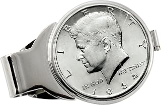 Coin Money Clip - JFK 1964 First Year of Issue Silver Half Dollar | Brass Moneyclip Layered in Silver-Tone Rhodium | Holds Currency, Credit Cards, Cash | Genuine Coin | Certificate of Authenticity