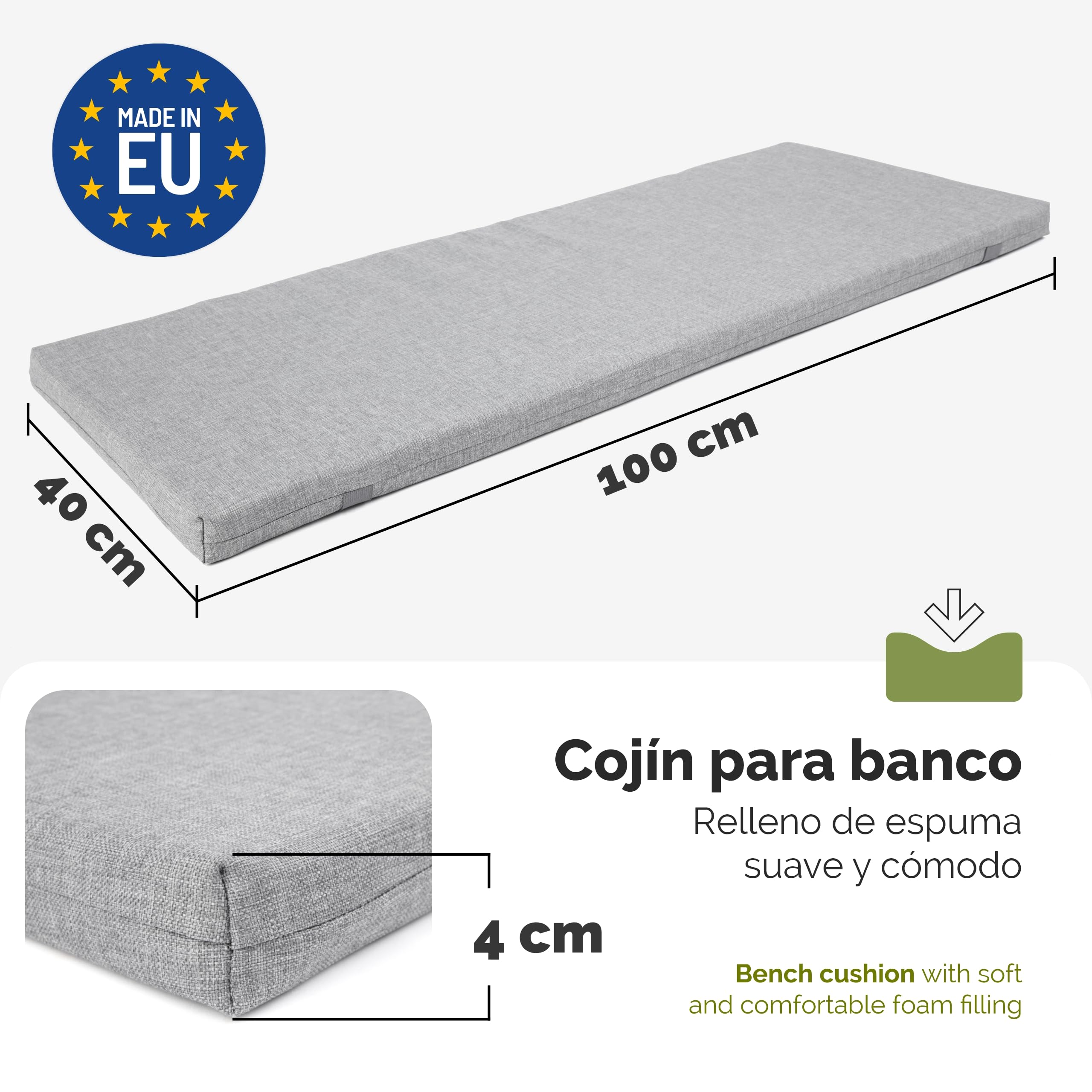 Garronda Cojín Impermeable para Banco 100x40 cm Aprox 4 cm Grosor Asiento Exterior para Banco de jardín y Columpio Acolchado Resistente UV con Cintas Gris Claro GD-0220
