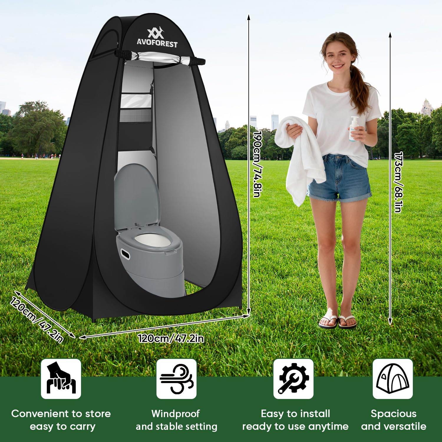 Tente de douche pop-up, avec sac de transport et accessoires, vestiaire mobile, intimité, toilettes d'extérieur, camping, randonnée, plage, pêche