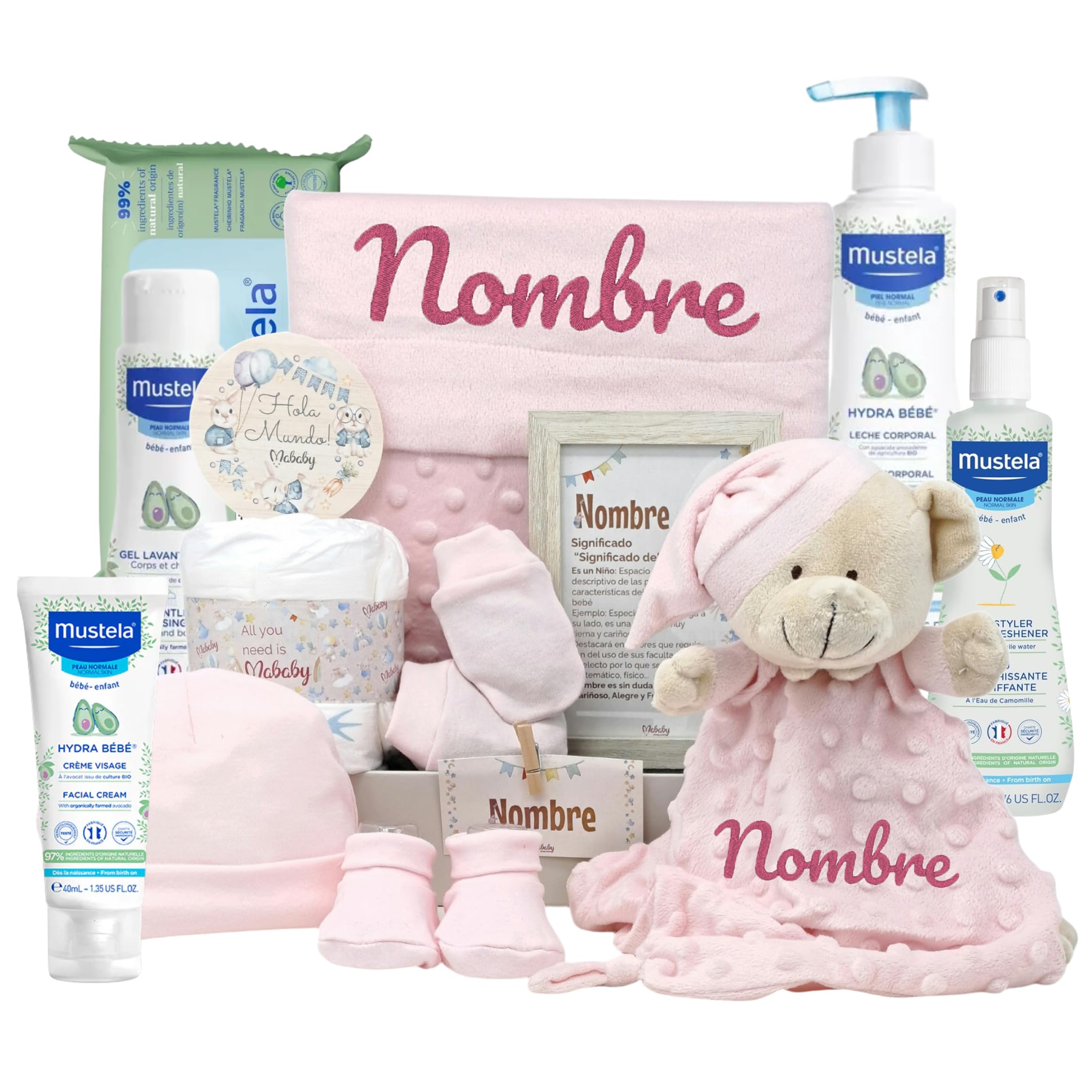 Cesta Bebé Recién Nacido Niña Velvet Deluxe (Rosa) | Canastilla con manta burbujas y Dou Dou bordados, set cosmético, primera puesta, pastel de pañales y marco del nombre