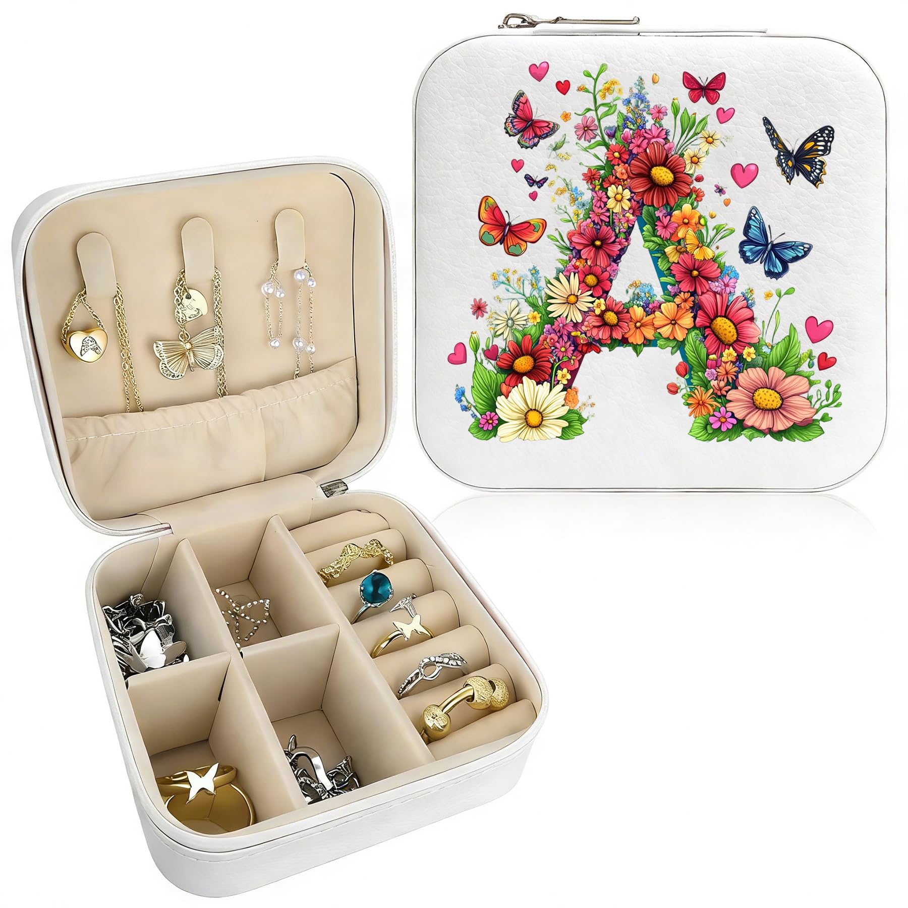 Joyero con monograma portátil, caja de joyería compacta blanca, estuche de viaje organizador de viaje, caja de almacenamiento para collares, aretes, anillos, pulseras (letra A)