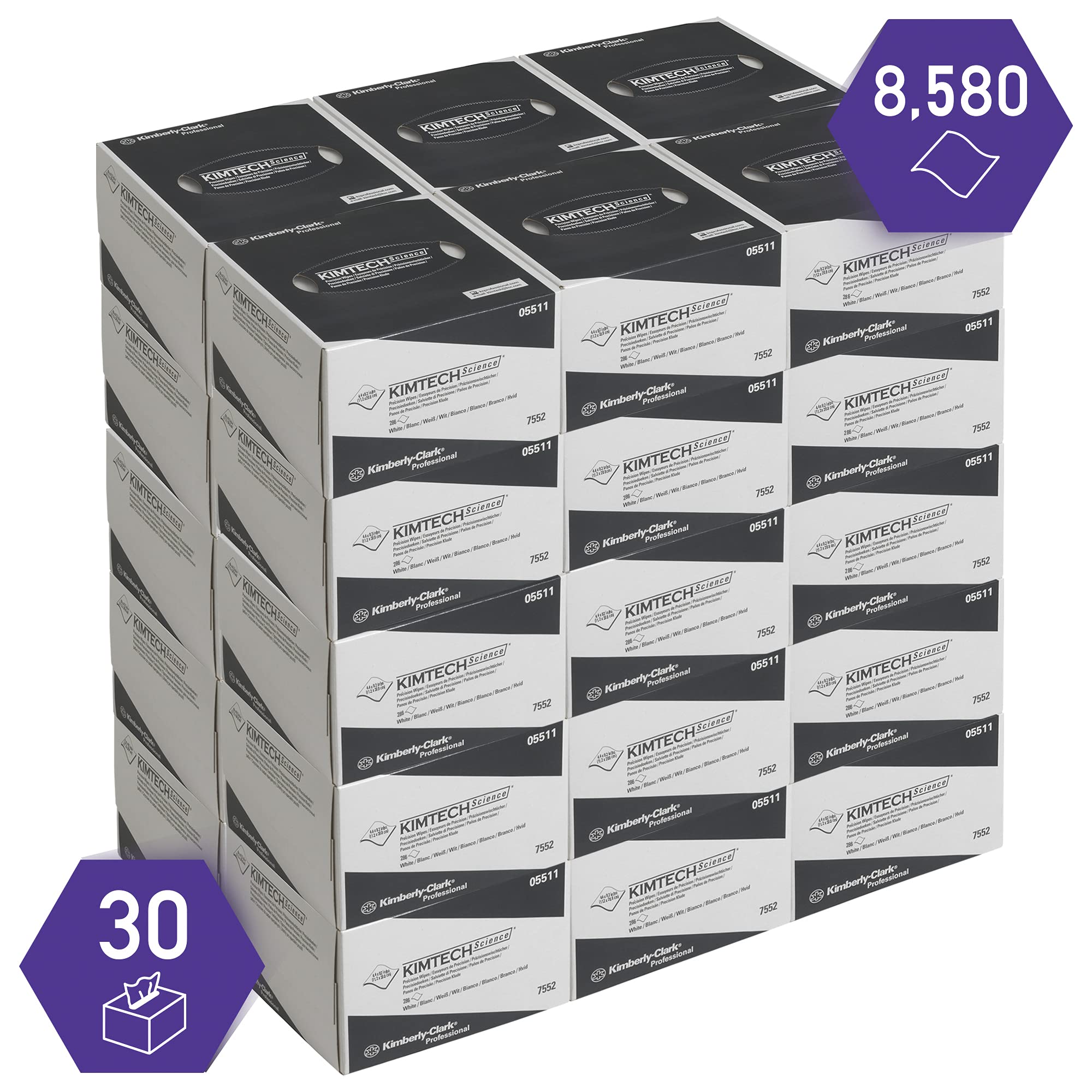 Essuyeurs de précision Kimtech Science 7552 - 30 boîtes distributrices de 286 essuyeurs blancs petit format, 1 épaisseur = 8 580 formats
