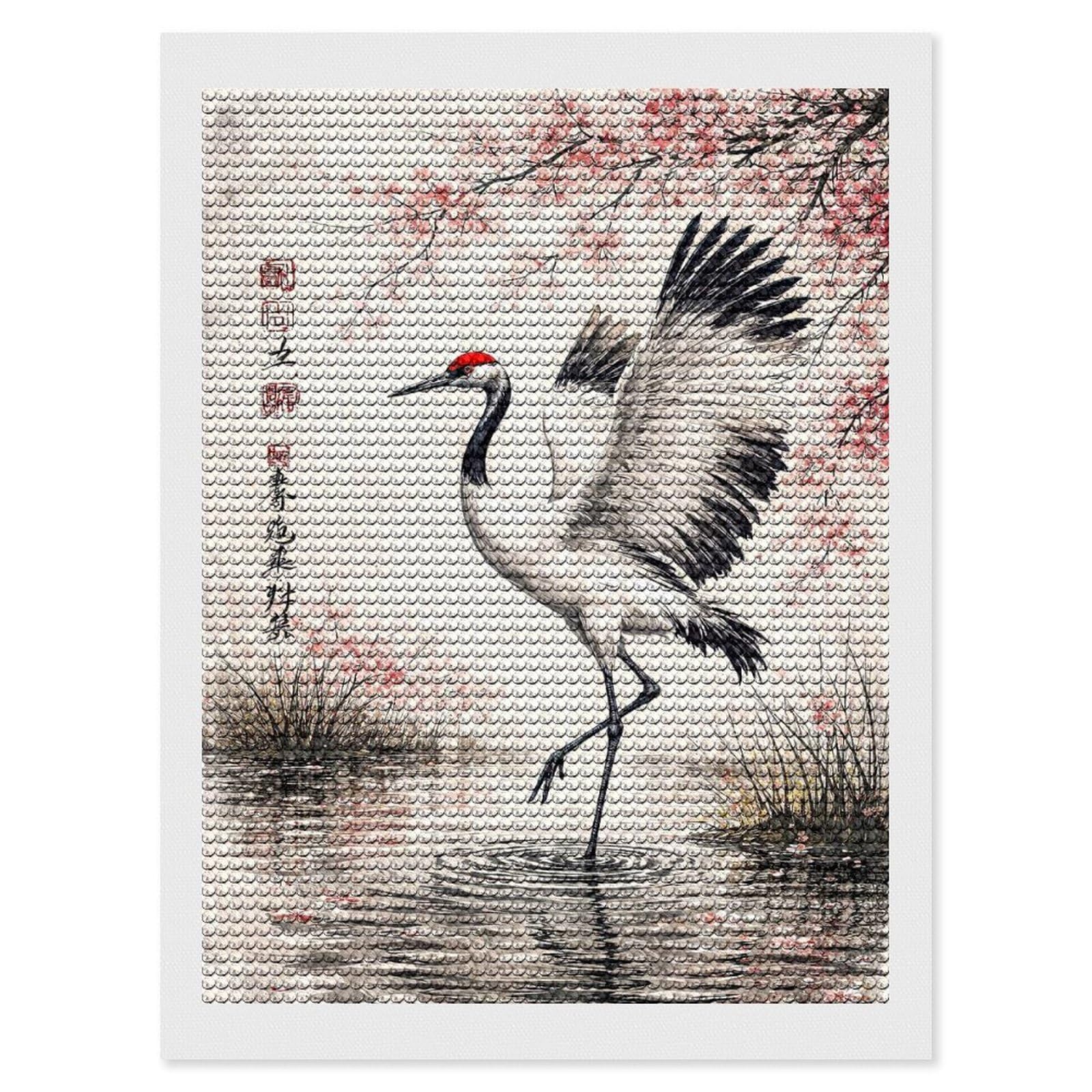 Junmoney Red-Crowned Crane and Cherry Blossoms Diamond Art Canvas 12"x16", Full Kit Included, Bedroom Decor, for Beginners, Thoughtful Handmade Gift