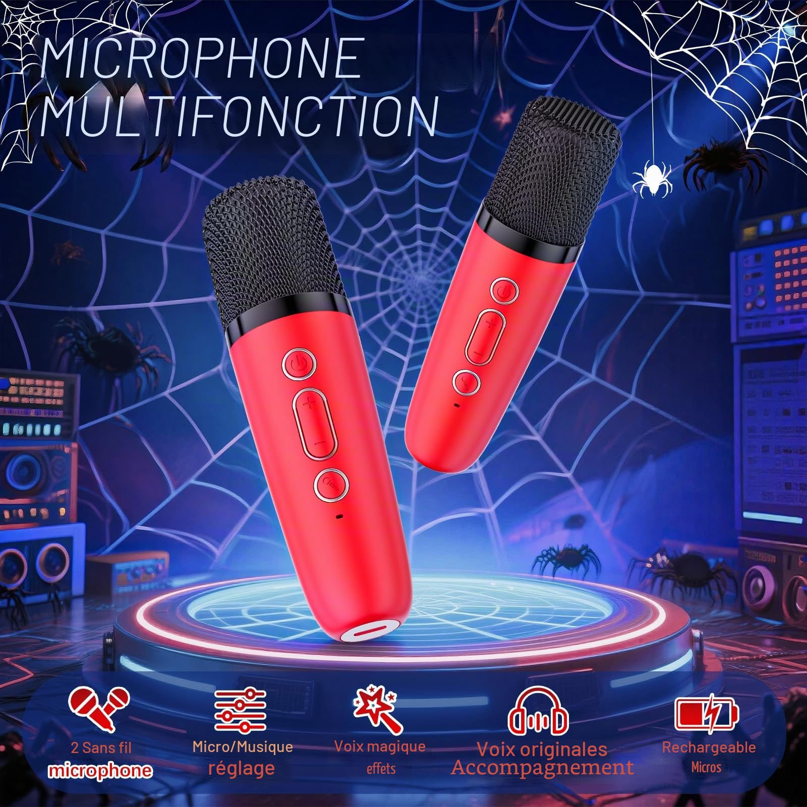 Spider Micro Karaoke Enfant, Jouet Cadeau Garcon Fille 3 4 5 6 7 8 9 10 11 12 Ans, Micro Karaoké Enfant pour Chanter avec 2 Microphone sans Fil Bluetooth, Cadeau Anniversaire Noël Garcon(Rouge)