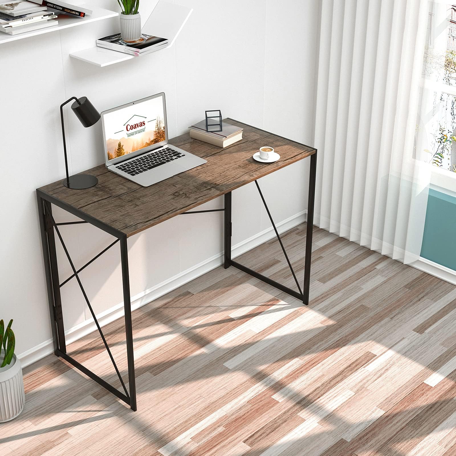 Coavas Folding Desk Foldable Computer Desk Office Desk No-Assembly Student Study Laptop PC Desk for Small Spaces Home Bedroom Corner Wooden Writing, Simple Style (100x50x72cm)
