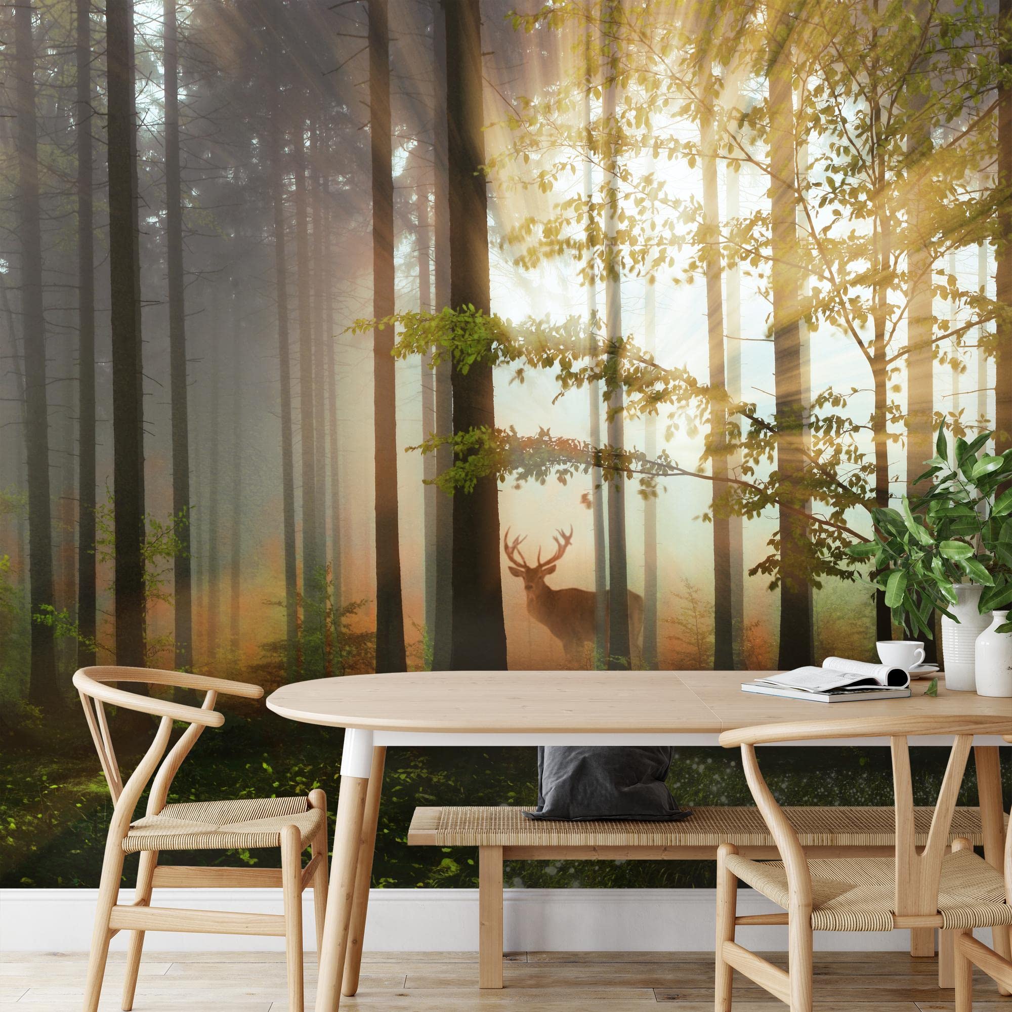 Runa Art Photo Wallpaper Wald Hirsch 352 x 250 cm Non-Woven Wall Art XXL Moderne Living Room Bedroom Green Yellow 9387011b - Image 4