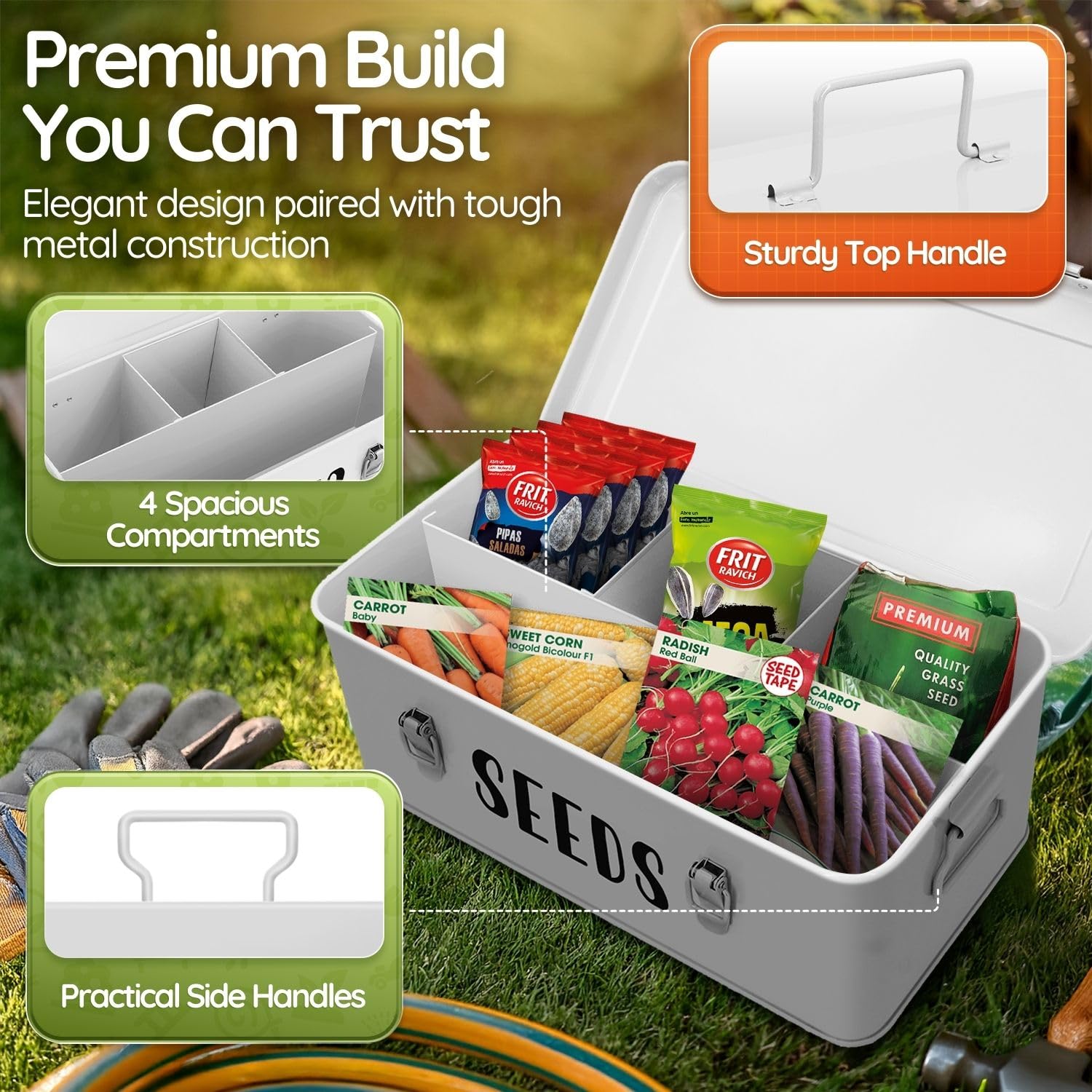 Flexzion Boîte d'économie de graines – Boîte de rangement de graines en métal avec couvercle, 4 compartiments spacieux, bac de rangement pour outils de jardin et plus avec verrous de sécurité, blanc