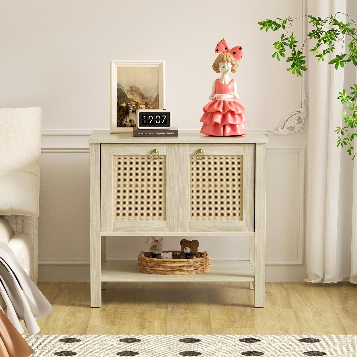 LOVMOR Rattan Nightstand, Rattan Decor Cabinet with Golden Handle Night Stand Bedside Table Boho End Tables for Bedroom, White Cream