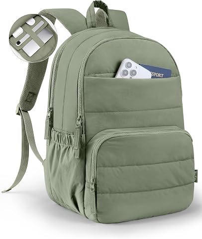 Uselike Travel Backpack for Women, 15.6 Inch Laptop Backpack, Quilted Water-Resistant College Bookbag, Sage Green