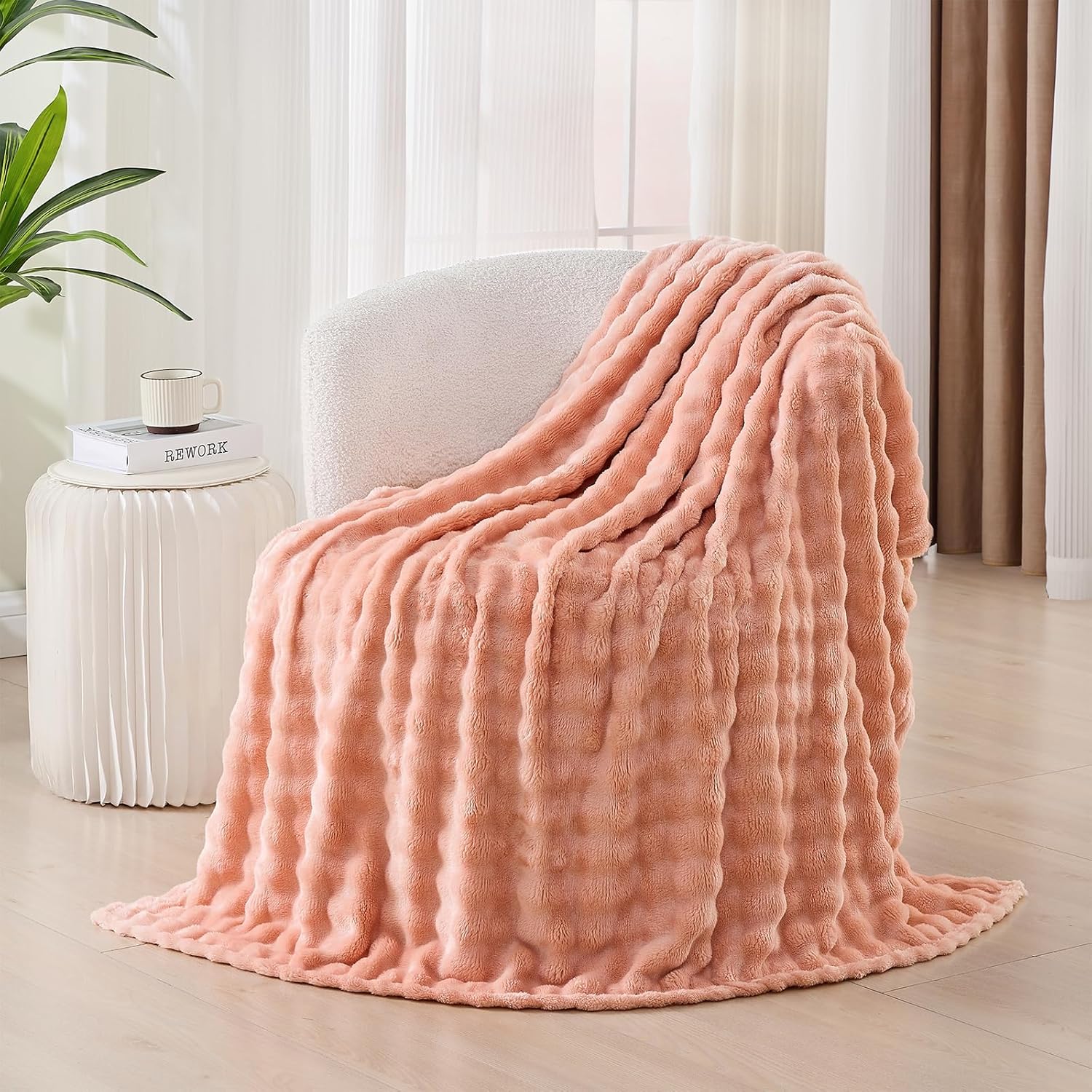 3D Bubble Plush Blanket Textured Fleece Throw Soft Warm Cozy Blanket Couch Bed Twin Pink 60x80 Inches - Image 2