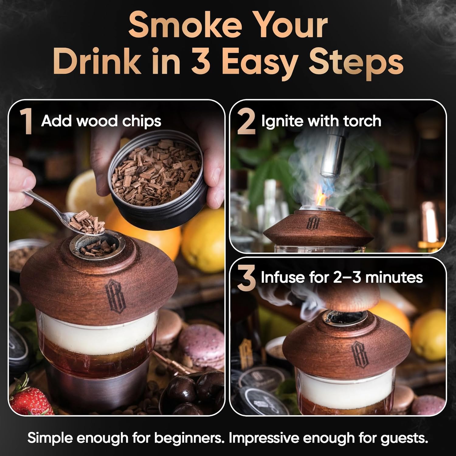 Crafted Barware Whiskey Smoker Kit with Torch, Butane and Wood Chips, Cocktail Smoker Gift Set for Bourbon, Scotch and Old Fashioned Drinks