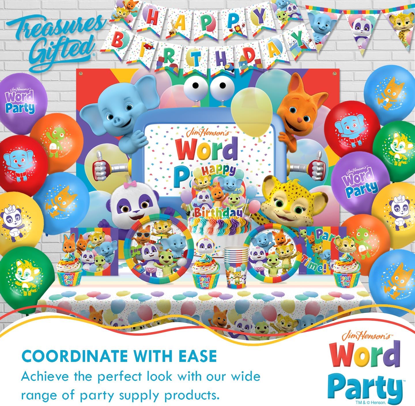 Treasures Gifted Officially Licensed Jim Henson’s Word Party Birthday Supplies - Serves 24 Guests Dinnerware Classic Set Word Party Birthday Decorations - Word Party Decorations Plates Napkins & Cups