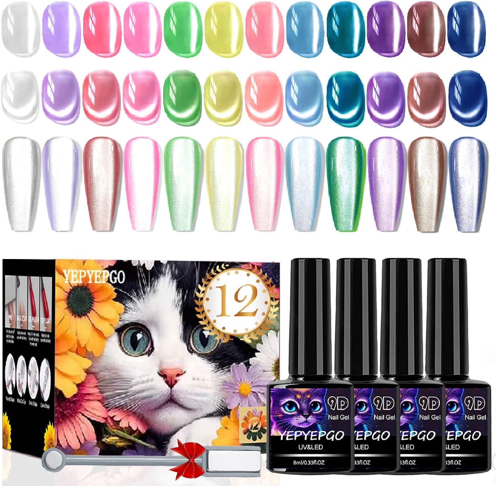 Glass Cat Eye Gel Nail Polish Set 12 Colors, Ceramic Magnetic Cats Gel Polish with Magnet Stick, Jelly Silk Velvet Crystal Effect Sock Off Nail Art Spring Summer Colors Manicure Gift Set for Women